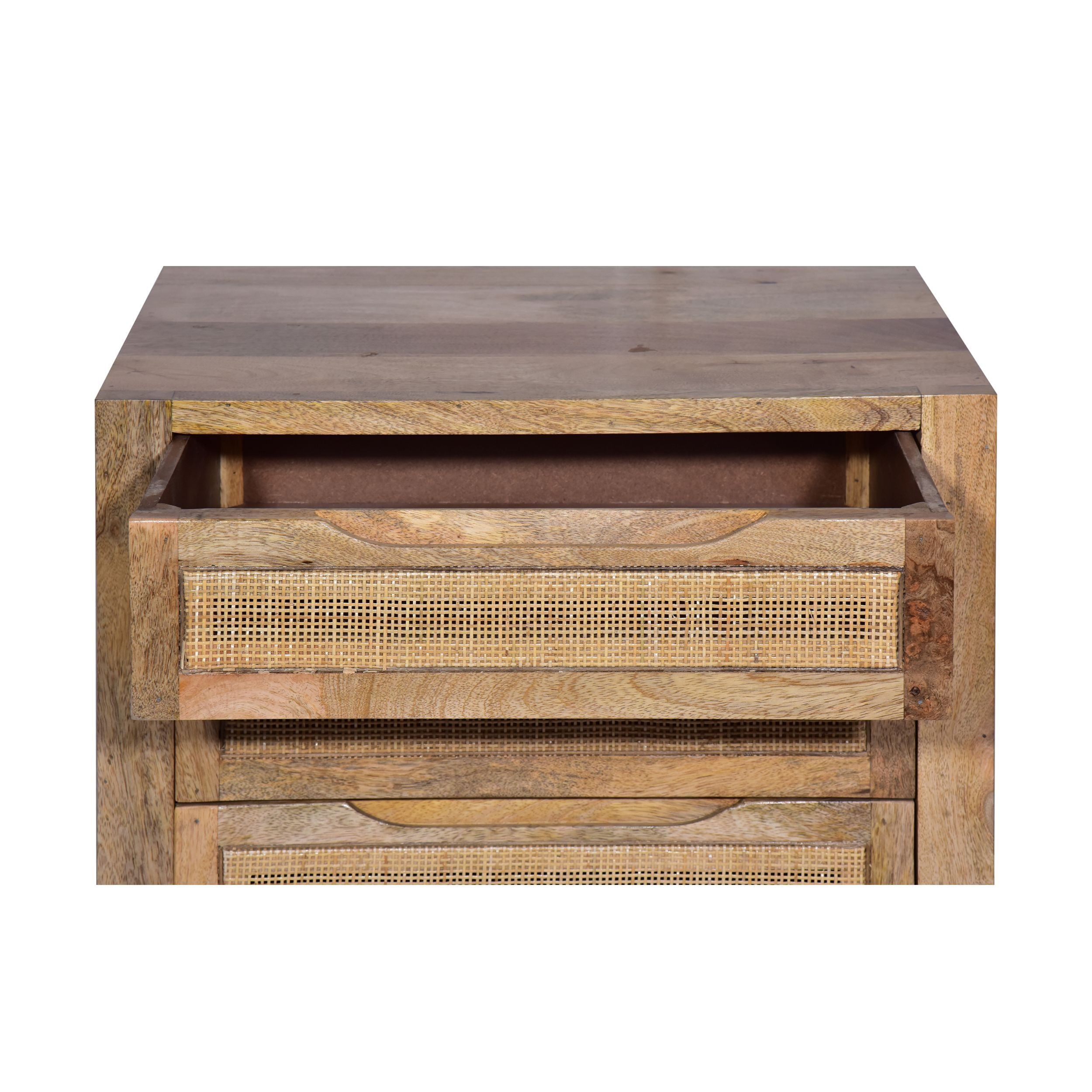 31 Inch Cottage Mango Wood Storage Cabinet Table, Cane Rattan Panels, 3 Drawers - Natural Brown