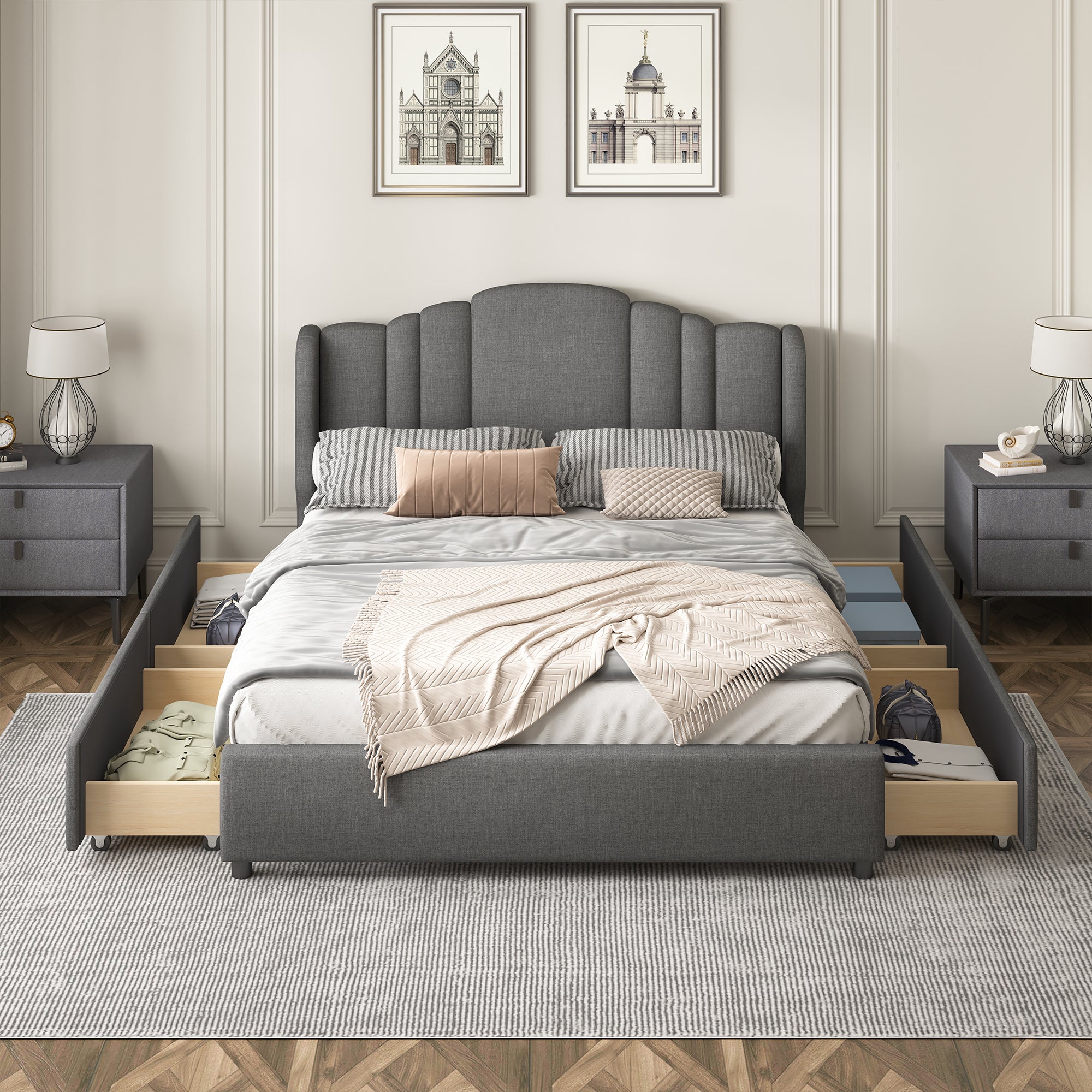 Queen Bed Upholstered Platform with Wingback Headboard and 4 Drawers - Grey