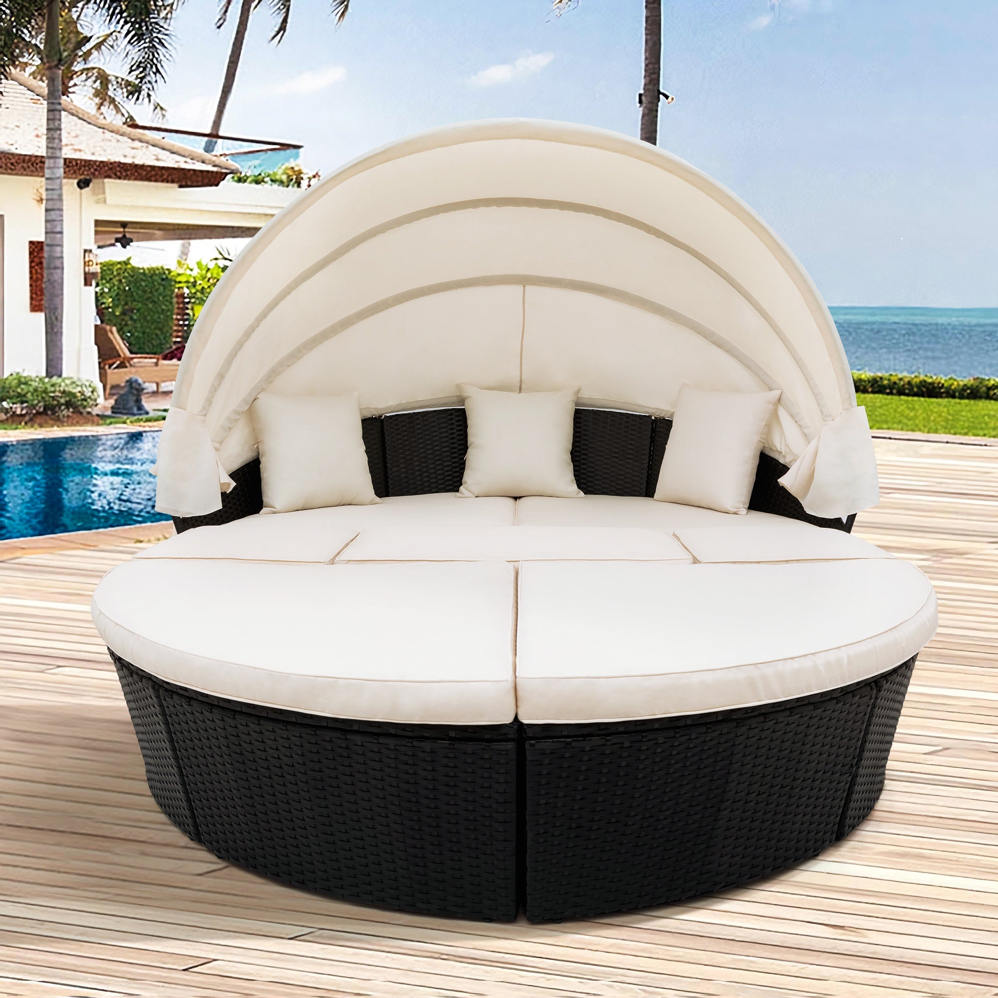Outdoor Rattan Daybed Sunbed with Retractable Canopy Wicker - Beige