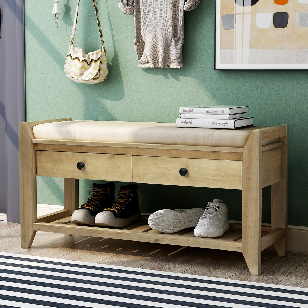Shoe Rack with Cushioned Seat and Drawers, Multipurpose Entryway Storage Bench - Gray Wash