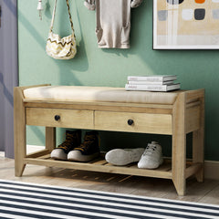 Shoe Rack with Cushioned Seat and Drawers, Multipurpose Entryway Storage Bench - Gray Wash