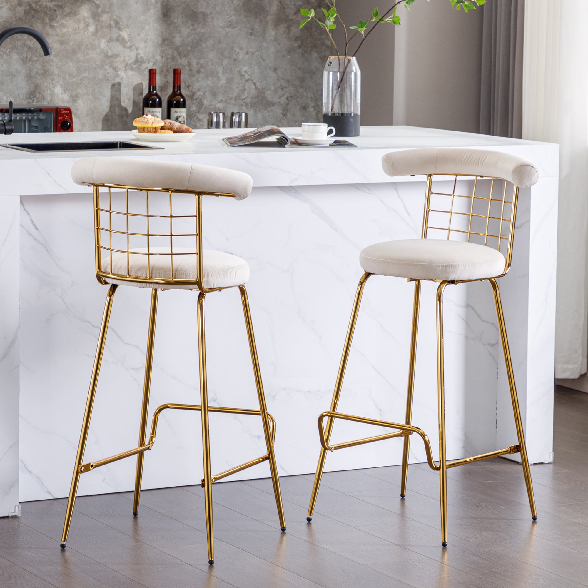 Luxury Velvet High Bar Stool with Metal Legs and Soft Back with Metal Legs (Set of 2) -Beige