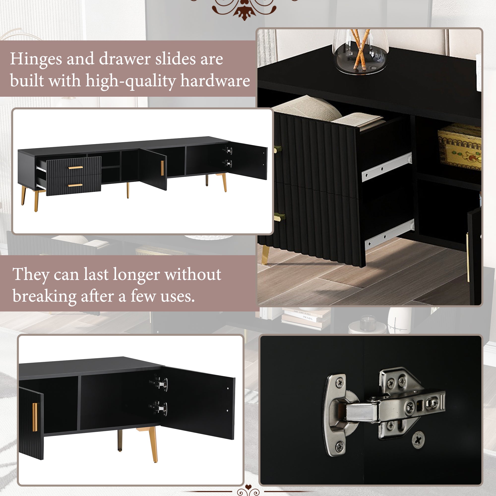 Modern TV Stand with 5 Champagne legs for TVS up to 77" - Black