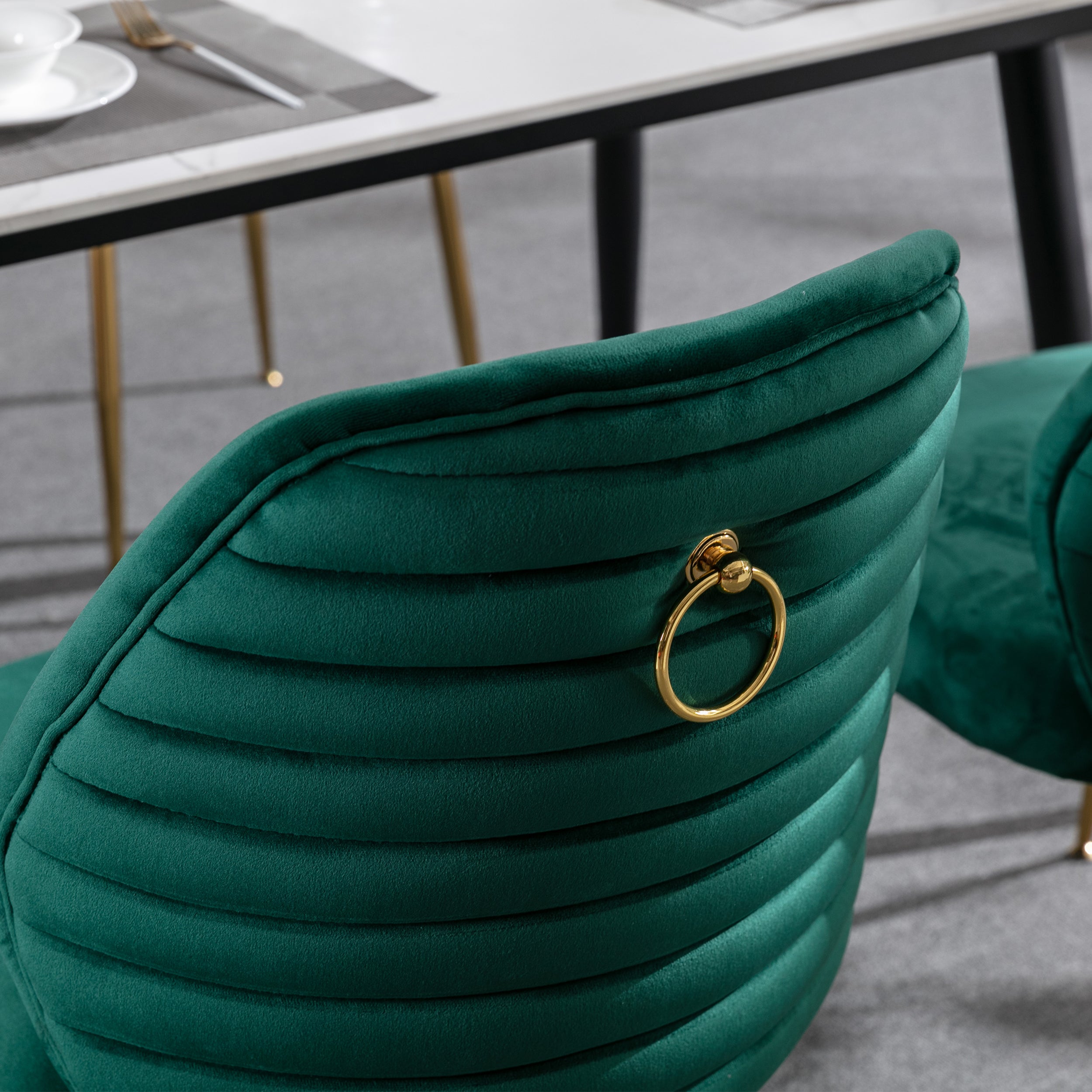 Modern Woven Velvet Upholstered Dining Chairs with Barrel Backrest and Gold Metal Legs (Set of 2) - Green