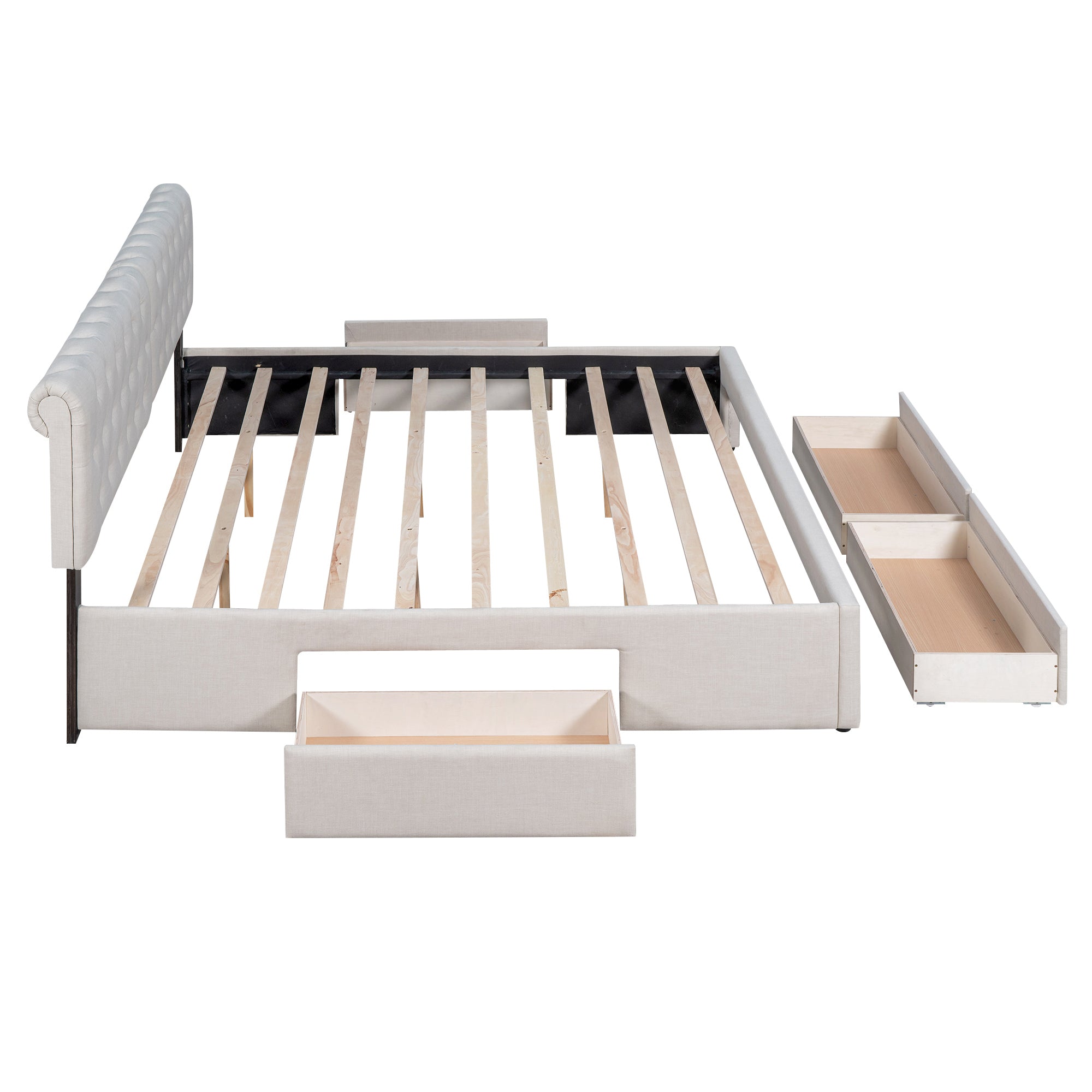 King Size Upholstery Platform Bed with Four Drawers - Beige