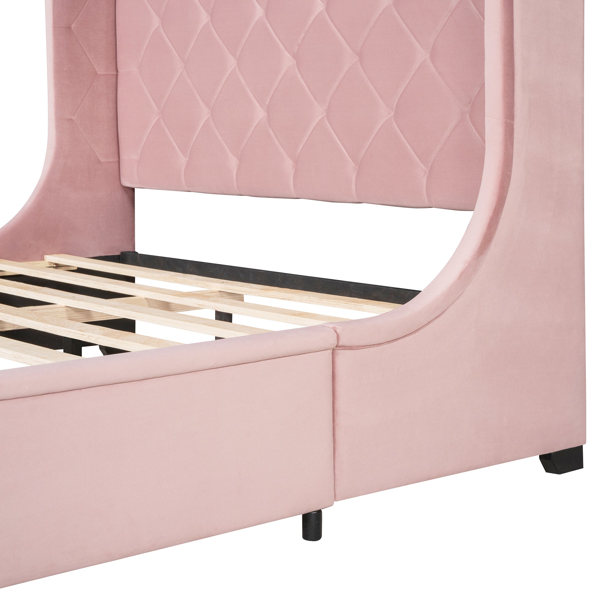Queen Size Storage Bed Velvet Upholstered Platform Bed with Wingback Headboard and a Big Drawer - Pink