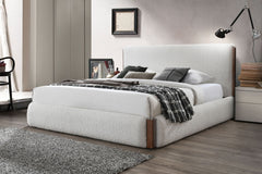 Queen Bed, White Boucle & Walnut Finish