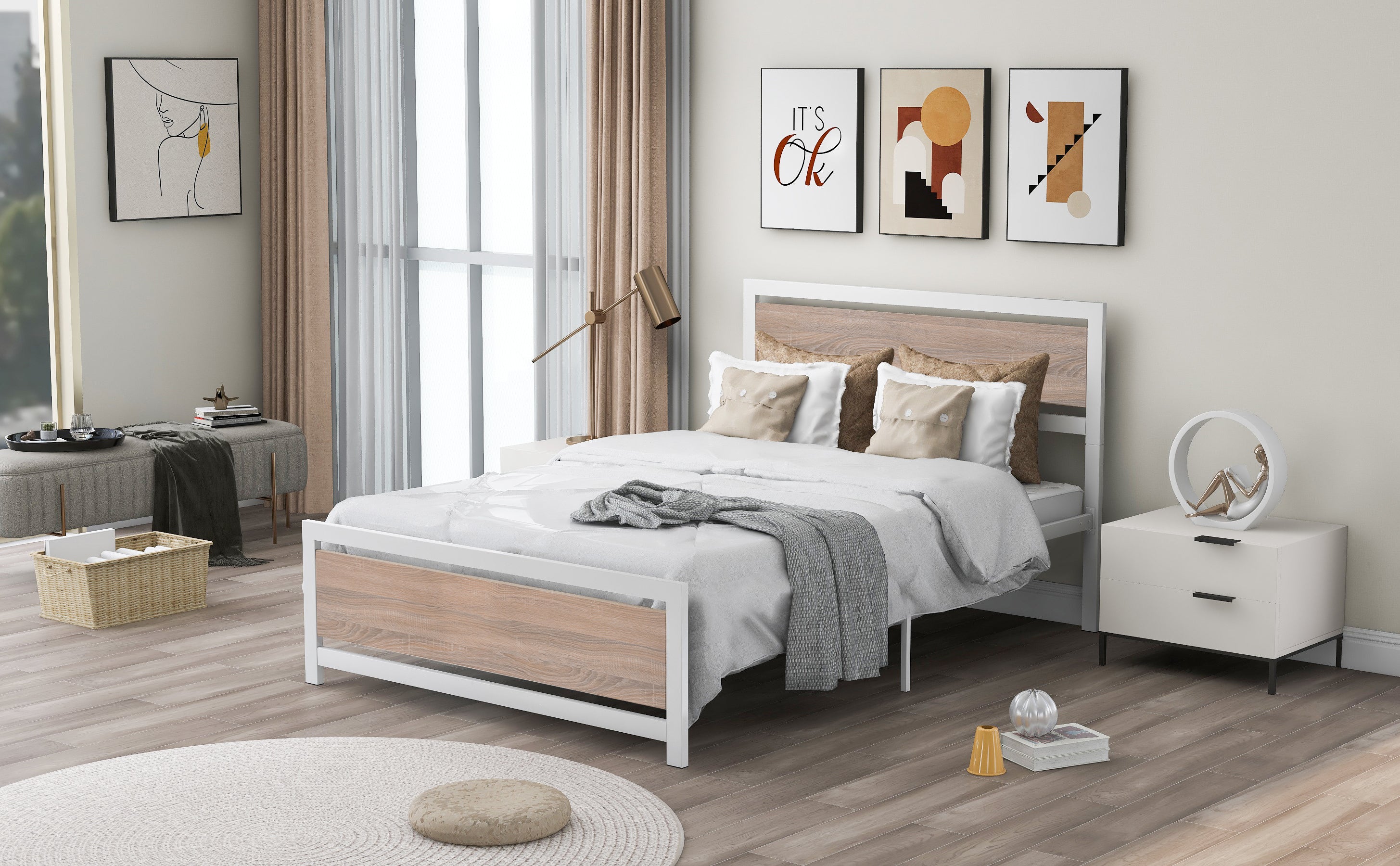 Full Size Platform Bed No Box Spring Needed- White