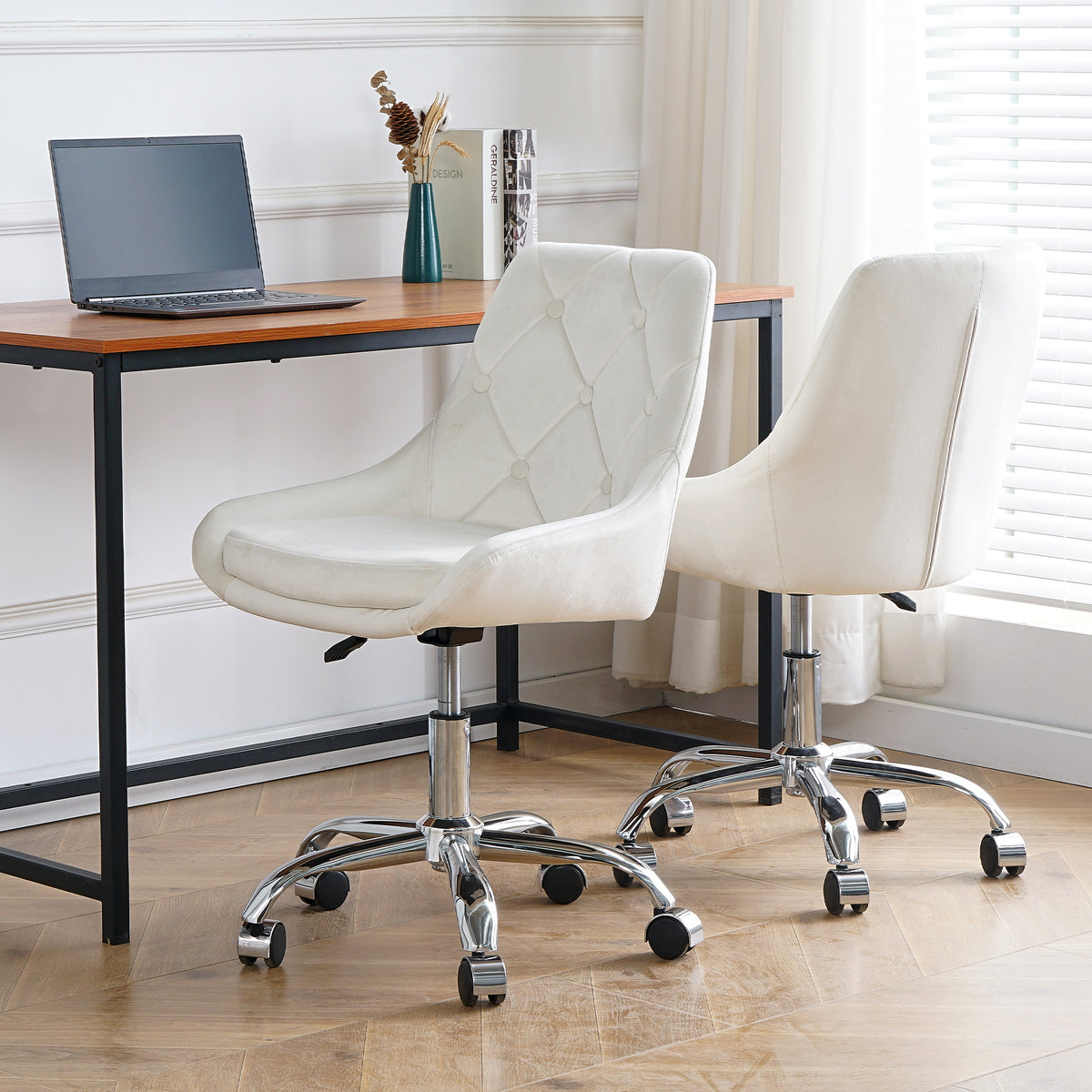 Set of 2 Chairs, Modern Velvet Fabric with Chrome Legs - Beige