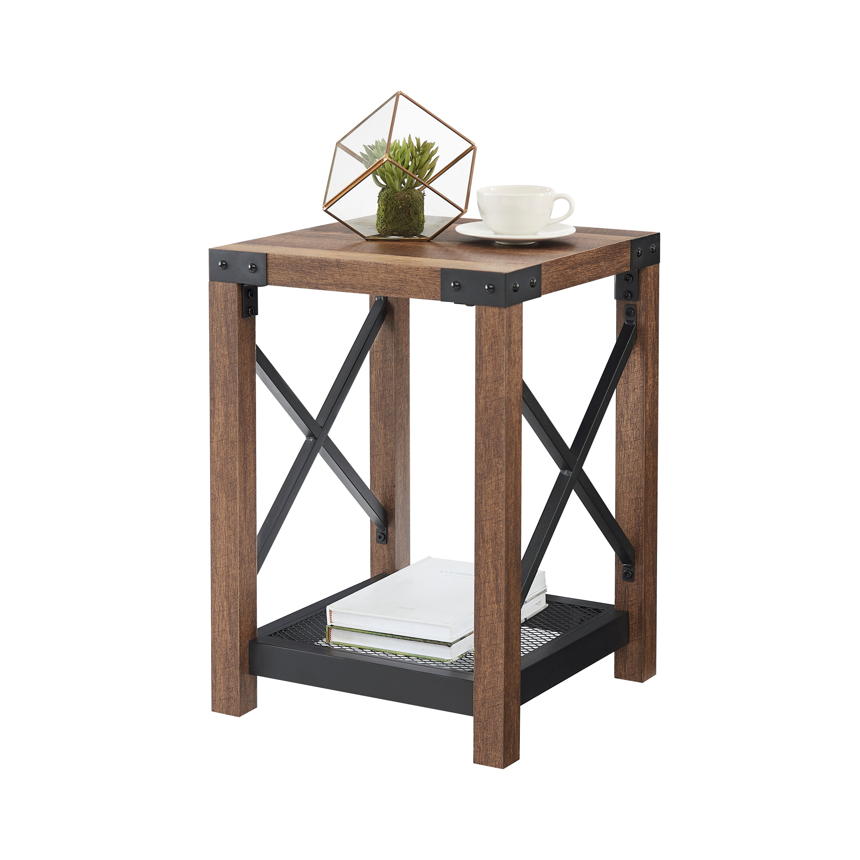 Farmhouse Wood Side Table, Nightstand with Mesh Shelf, 2-Tier End Table - Brown
