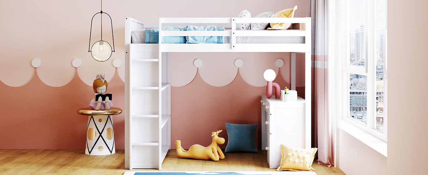 Full Size Loft Bed with Ladder, Shelves and Desk - White