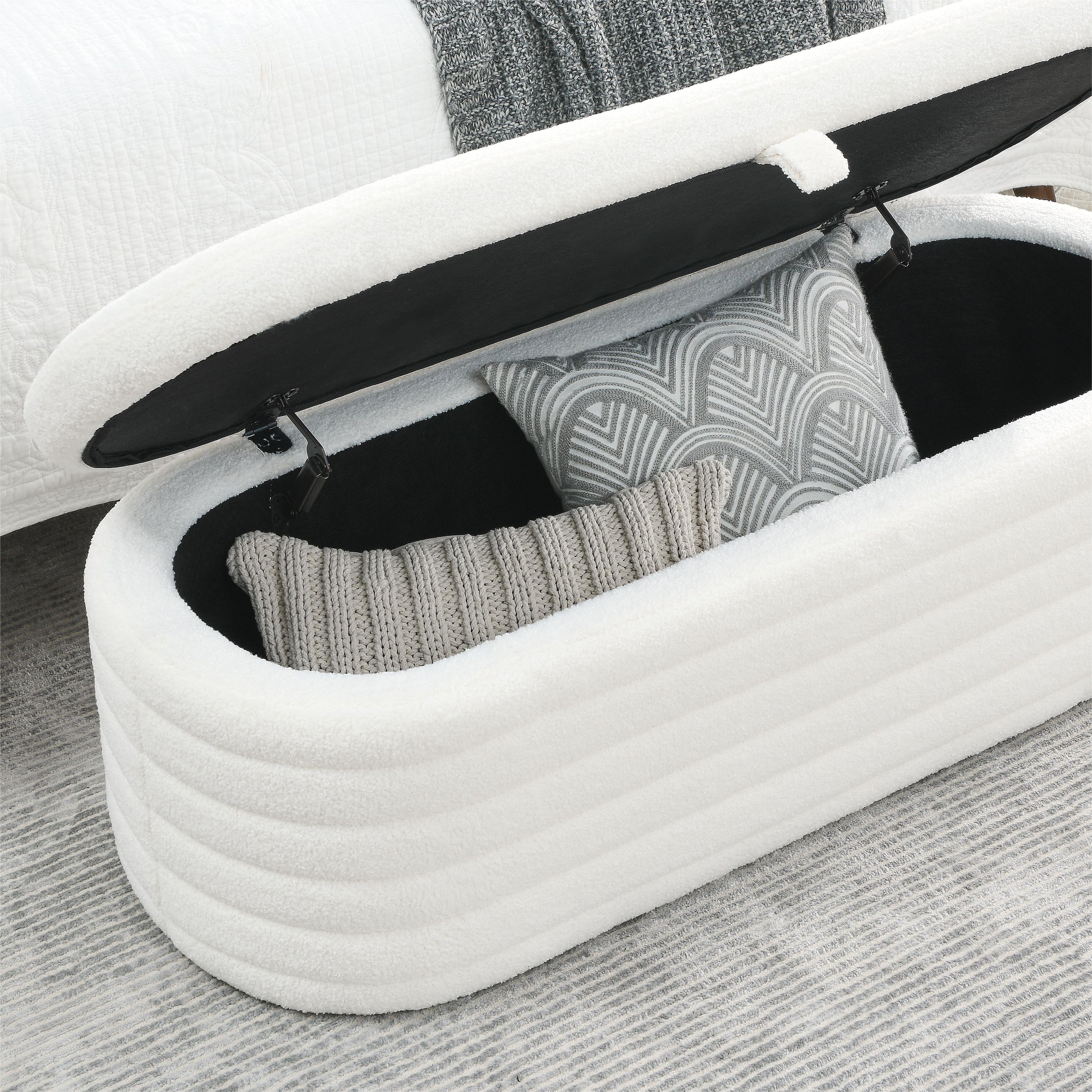 Storage Ottoman Bench Upholstered Fabric Storage - White Teddy