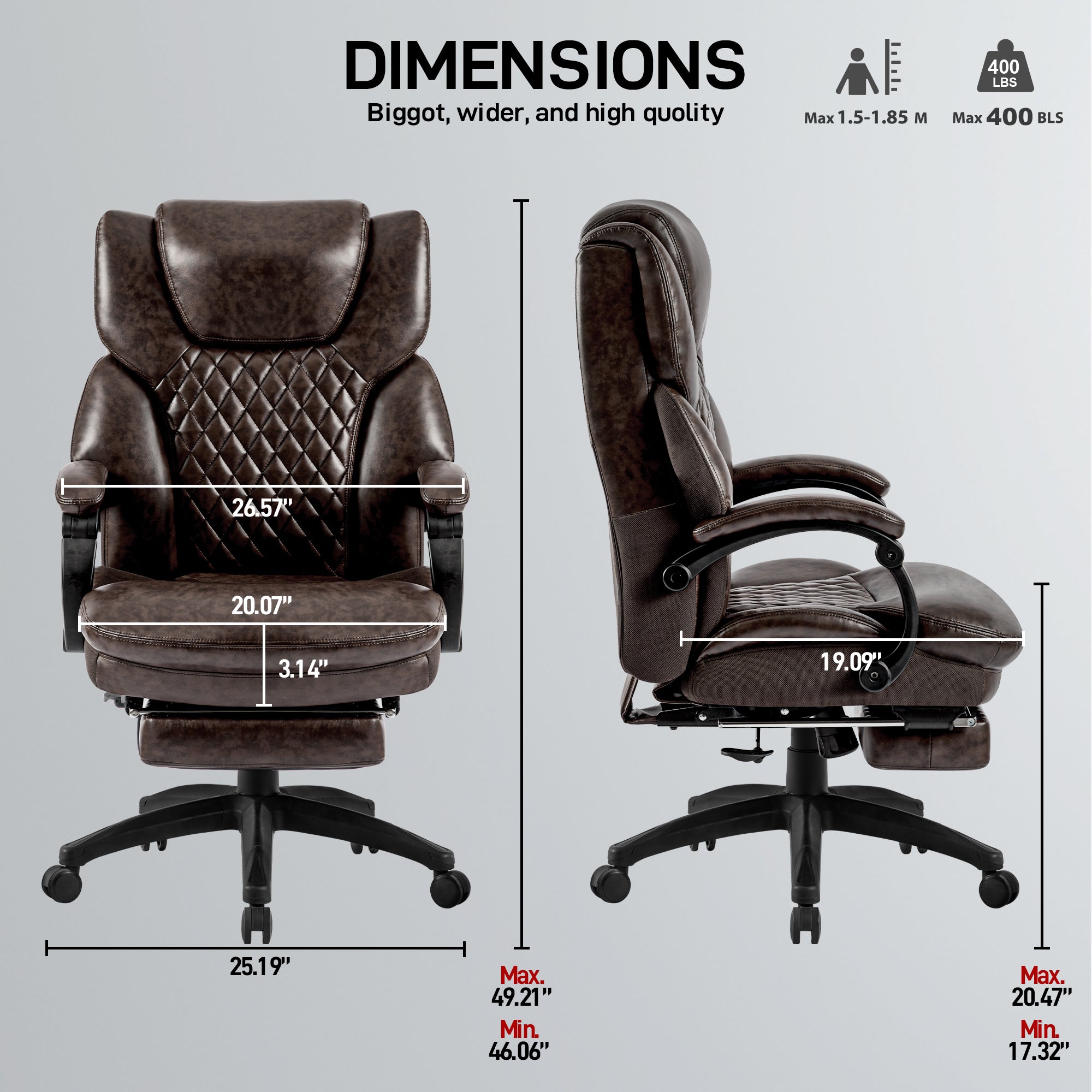 High Back Big & Tall 400lb Office Chair with Footrest Bonded Leather Ergonomic Executive Chair - Brown