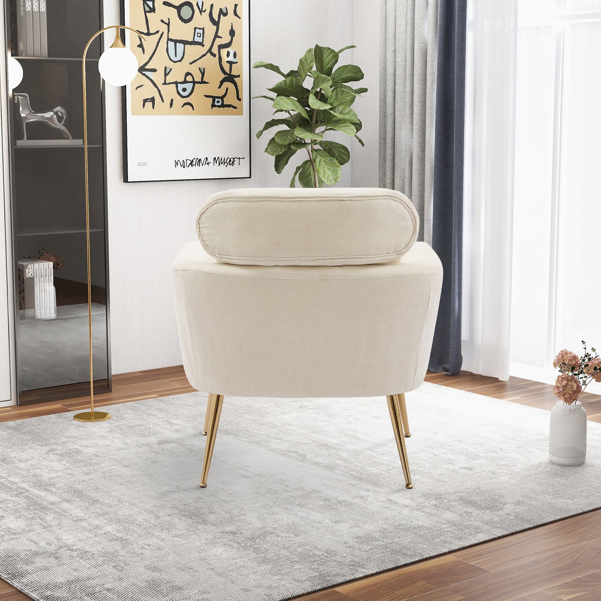 Chenille Upholstered Single Sofa Leisure Club Chair with Gold Metal Leg and Throw Pillow - Beige