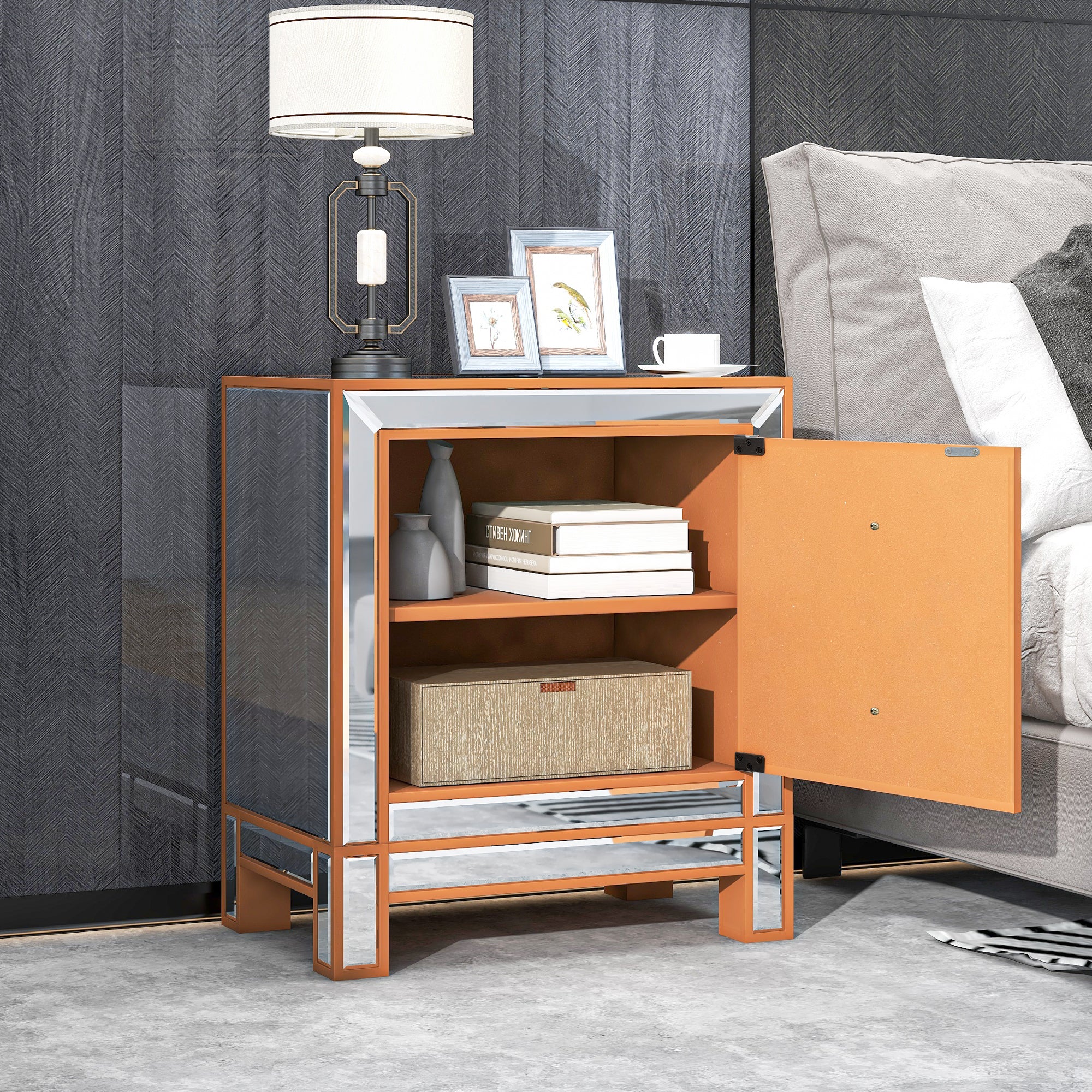 Modern Mirrored Nightstand with 2 Storage Cabinets - Silver Glass