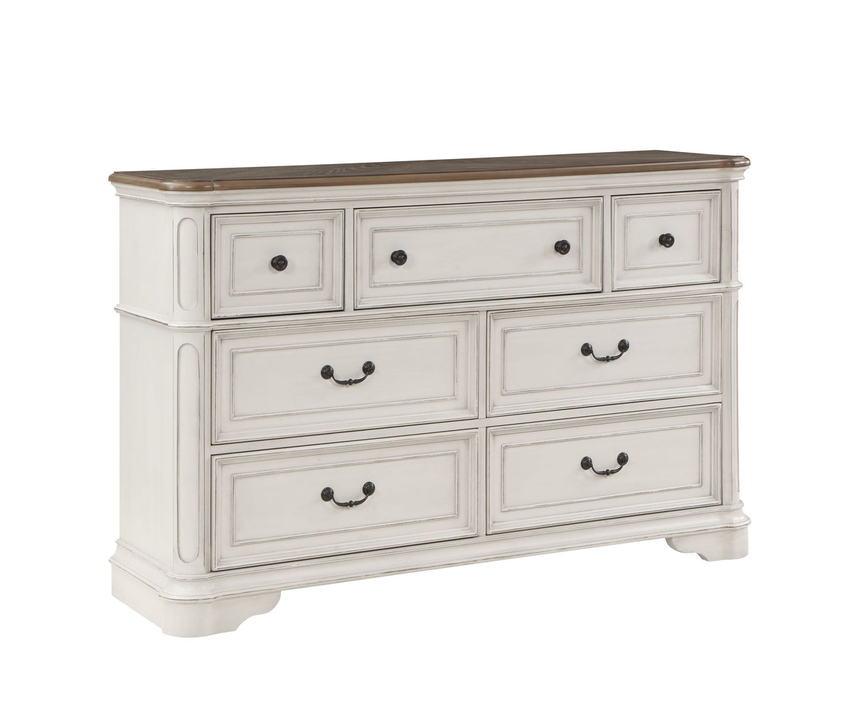 French Style Dresser - Gray Fabric & Antique White Finish