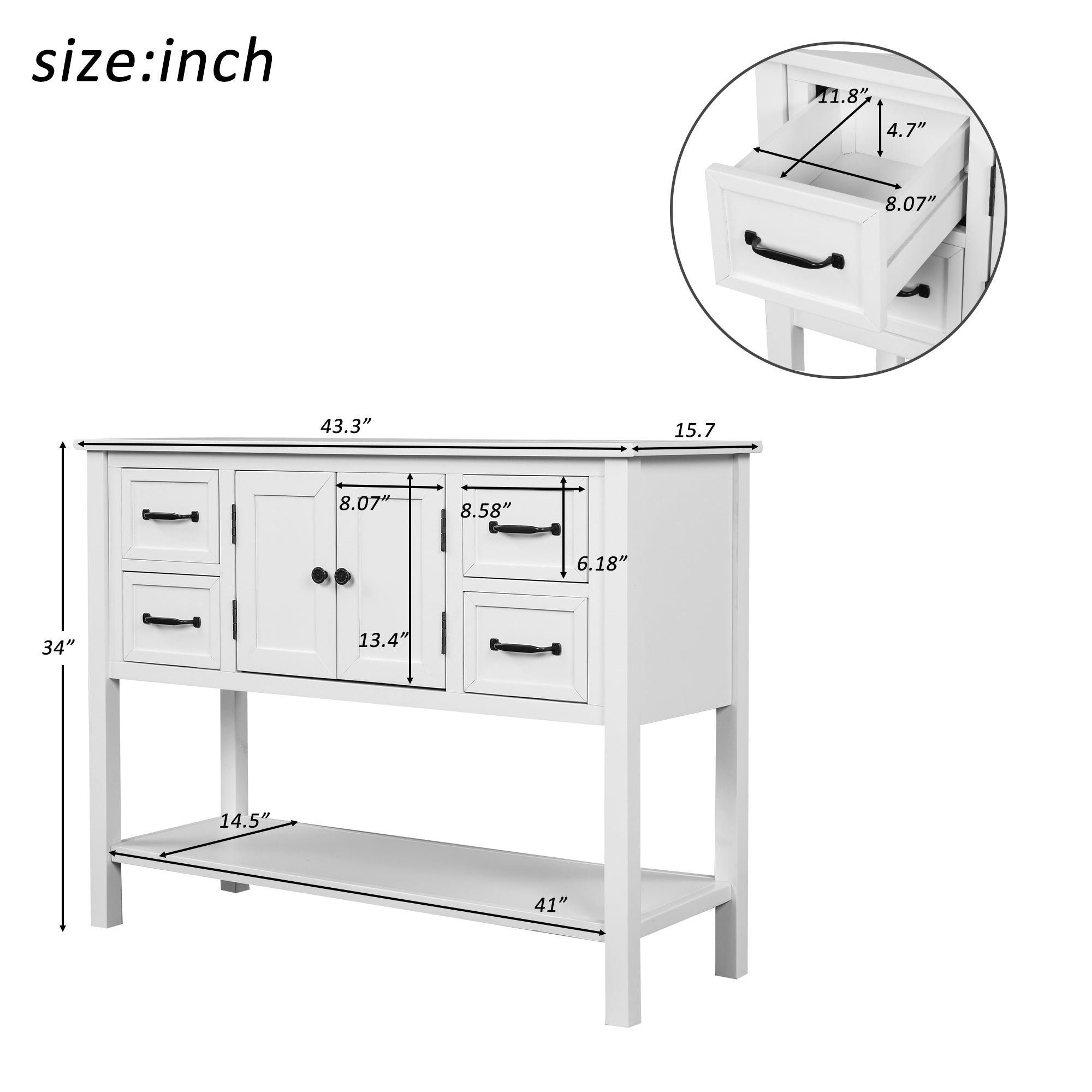 Modern Console Table with 4 Drawers, 1 Cabinet and 1 Shelf