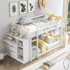Twin over Twin Bunk Bed with Cabinet and Shelves Storage - White