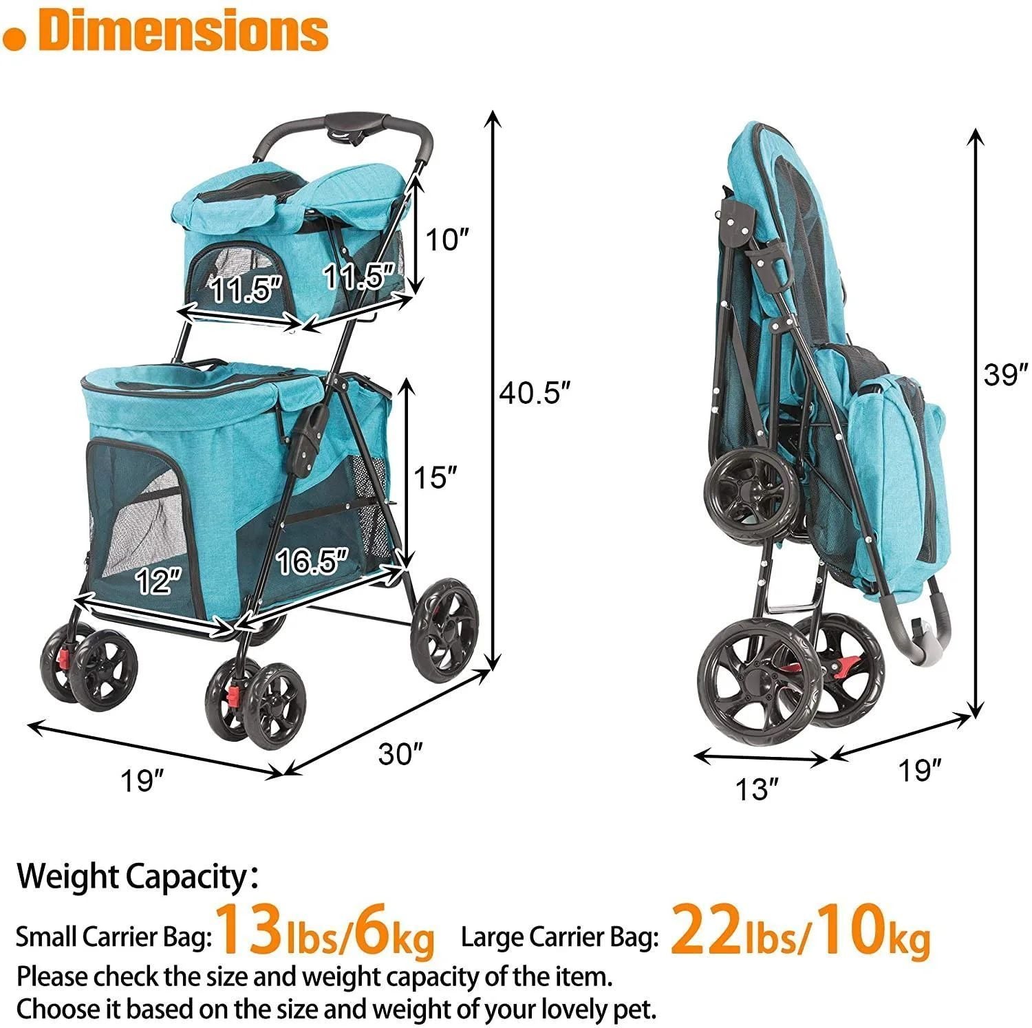 Portable Folding Dog Stroller Travel Cage Stroller for Pet Cat Kitten Puppy Carriages - Large 4 Wheels Elite Jogger - Blue
