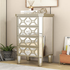Elegant Mirrored 4-Drawer Chest with Golden Lines Storage Cabinet