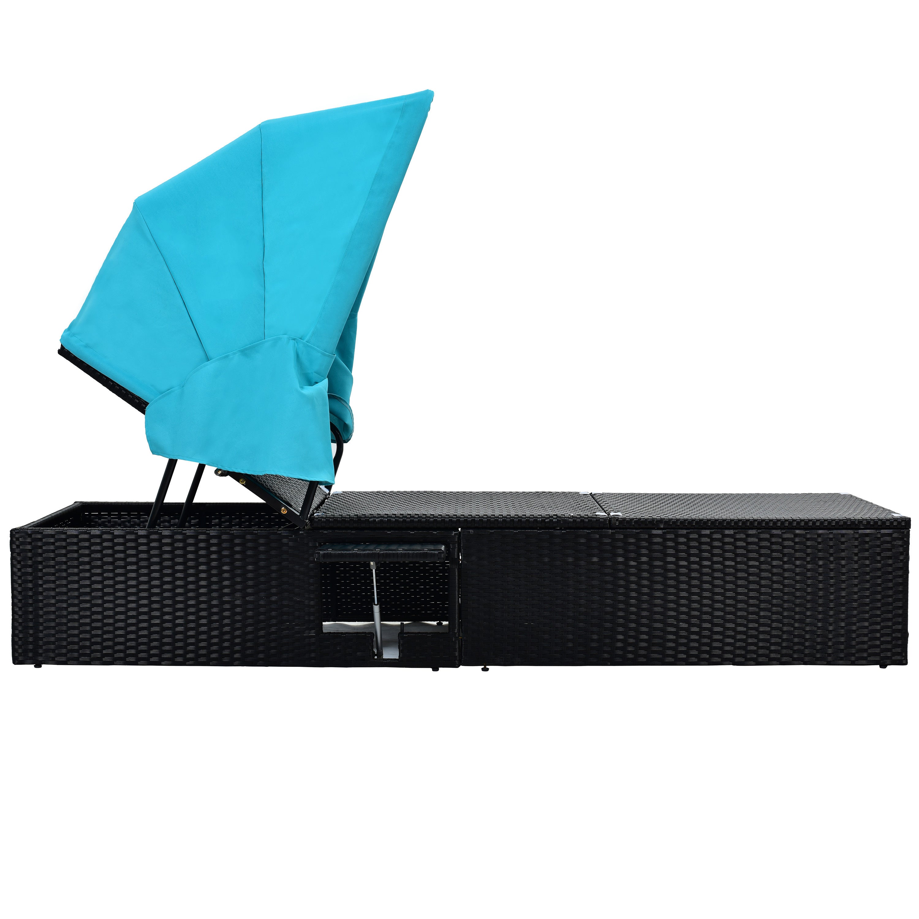76.8" Long Reclining Single Chaise Lounge with Cushions, Canopy and Cup Table (Set of 2) - Black Wicker + Blue Cushion