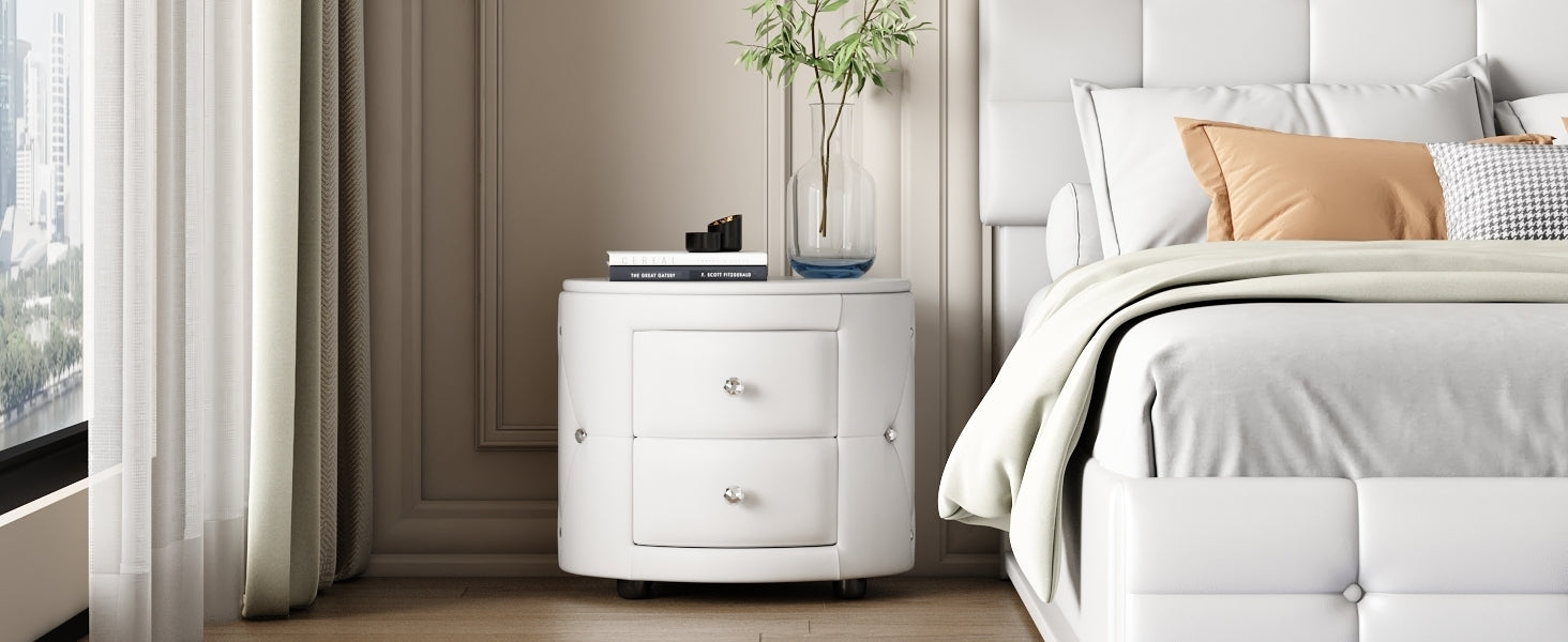 Elegant PU Nightstand with 2 Drawers and Crystal Handle, Fully Assembled Except Legs & Handles, Storage Bedside Table - White