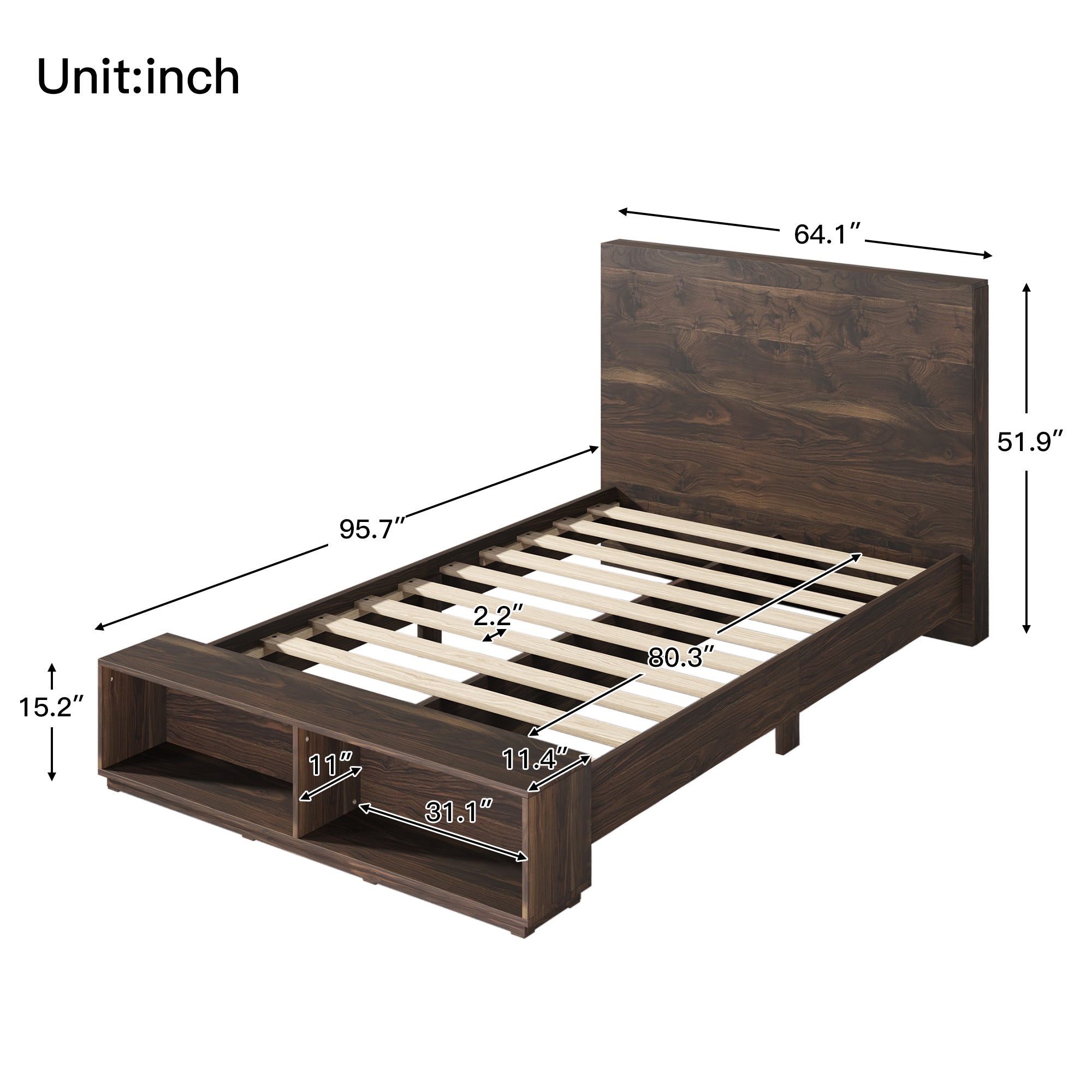 Queen Size Wood Platform Bed with Storage Bench - Walnut