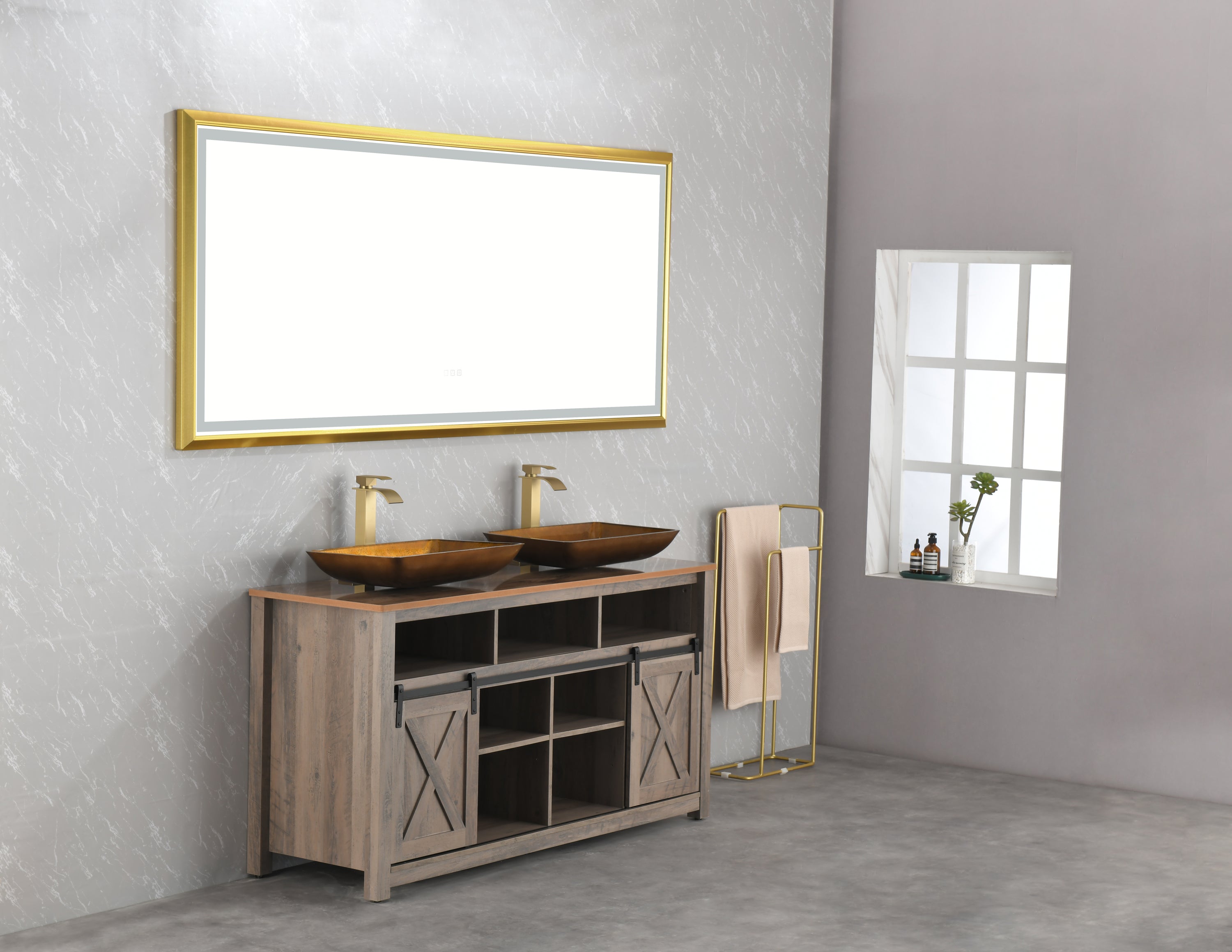 22.25" L -14.25" W -4 1/2" H Glass Rectangular Vessel Bathroom Sink Set with Gold Faucet and Gold Pop Up Drain