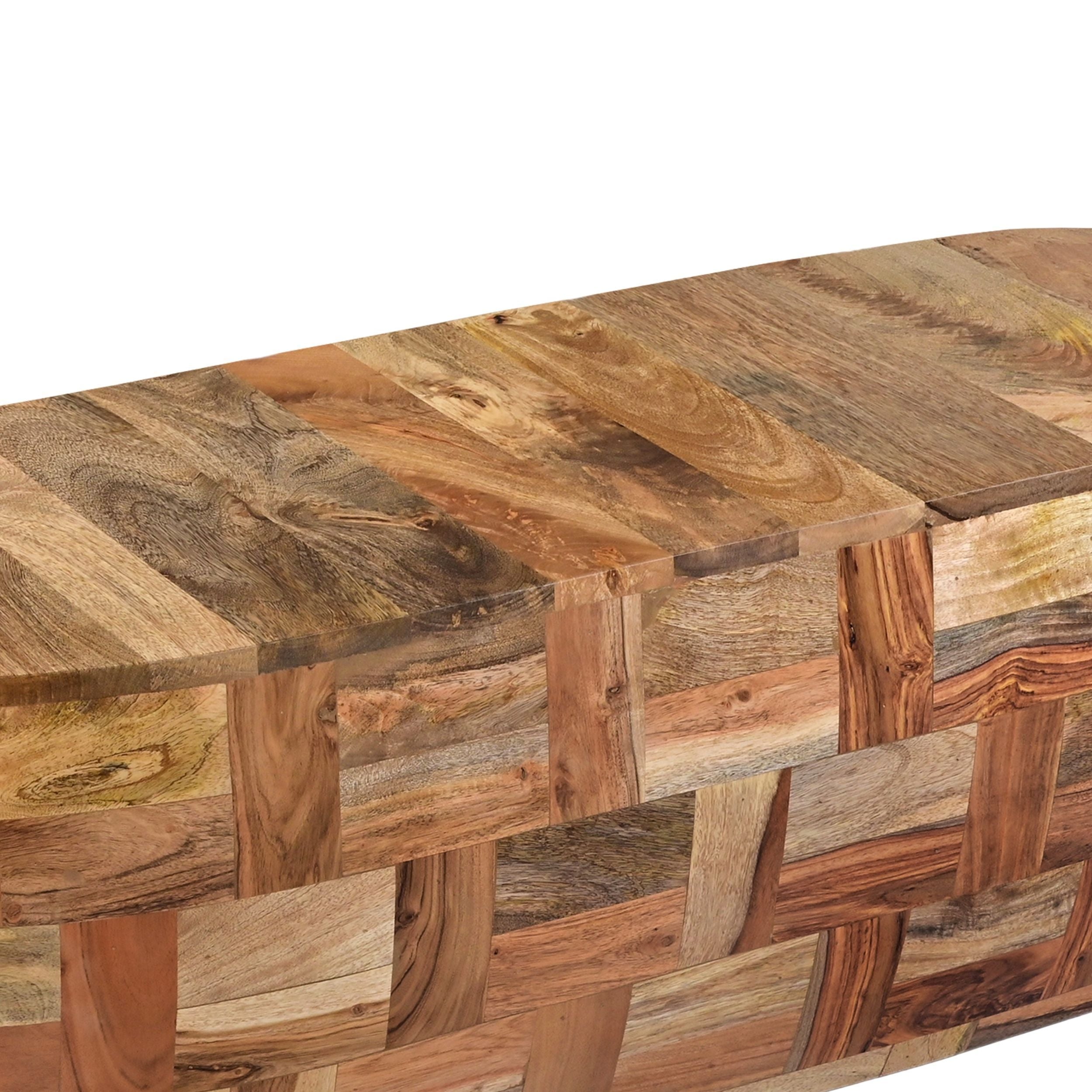 42 Inch Mango Wood Oval Canoe Shape Coffee Table - Weathered Brown