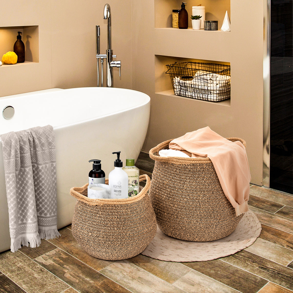 Cotton Linen Laundry Basket for bathroom (Set of 2) - Black & Brown