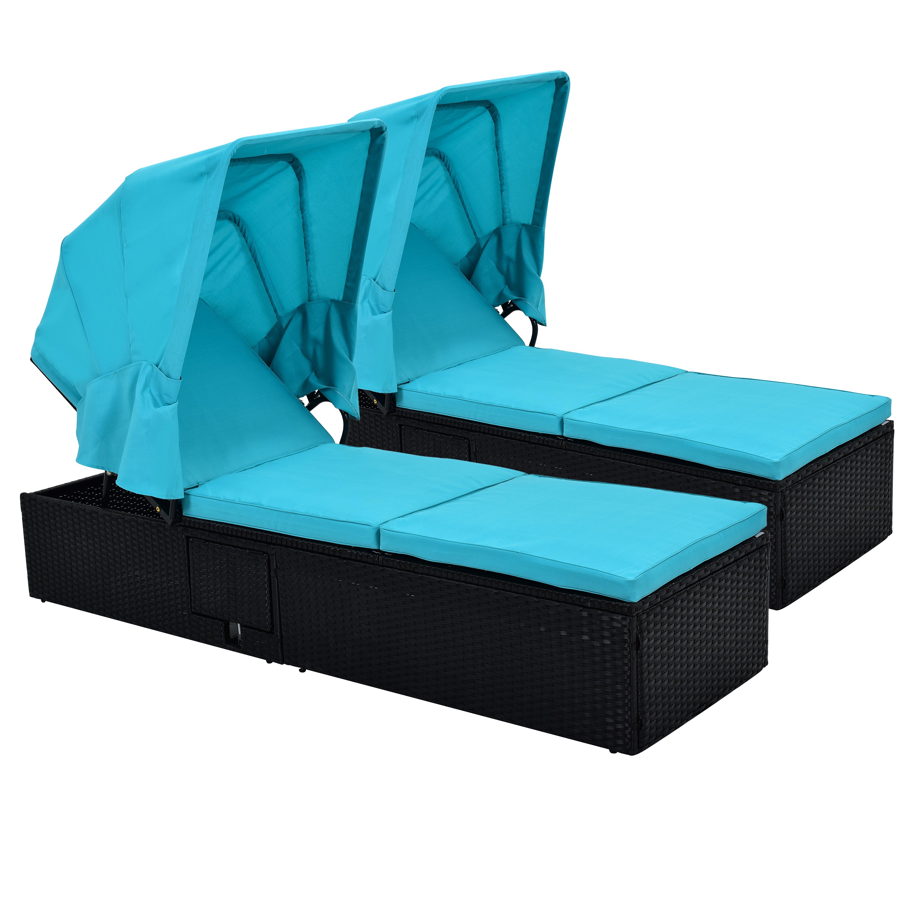 76.8" Long Reclining Single Chaise Lounge with Cushions, Canopy and Cup Table (Set of 2) - Black Wicker + Blue Cushion