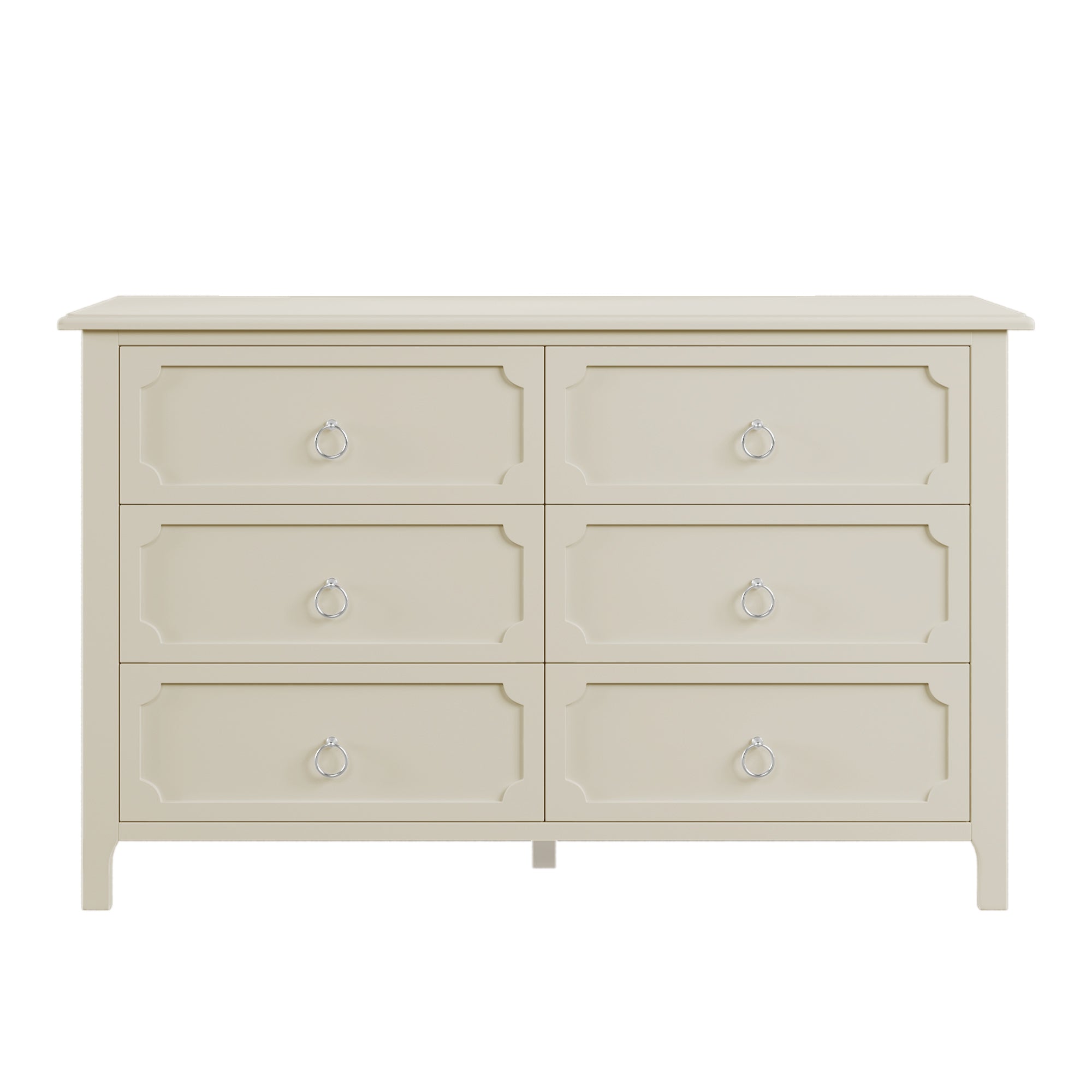 Milky Rubber Wooden Dresser 6 Large Drawers Silver Metal Handles - White