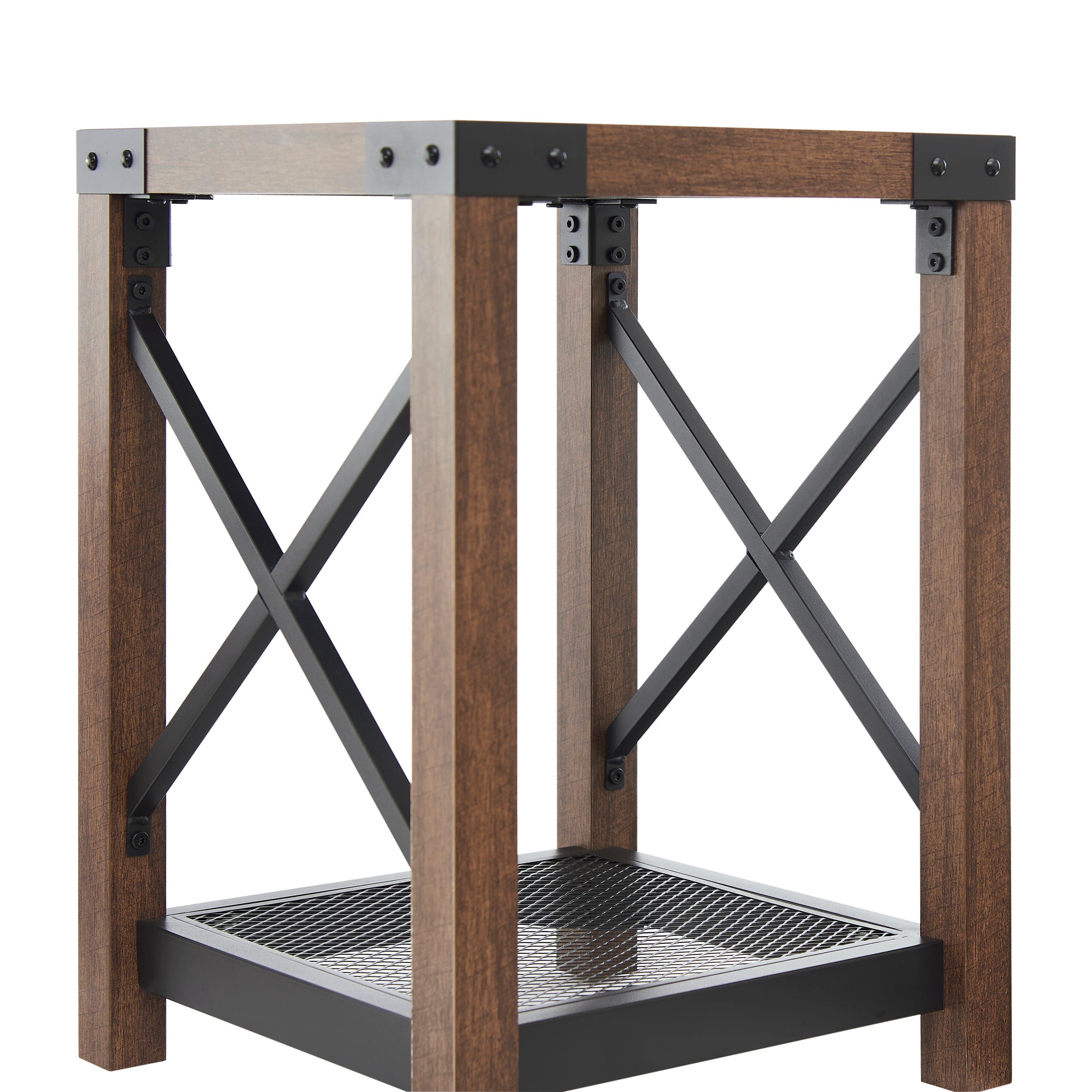 Farmhouse Wood Side Table, Nightstand with Mesh Shelf, 2-Tier End Table - Brown