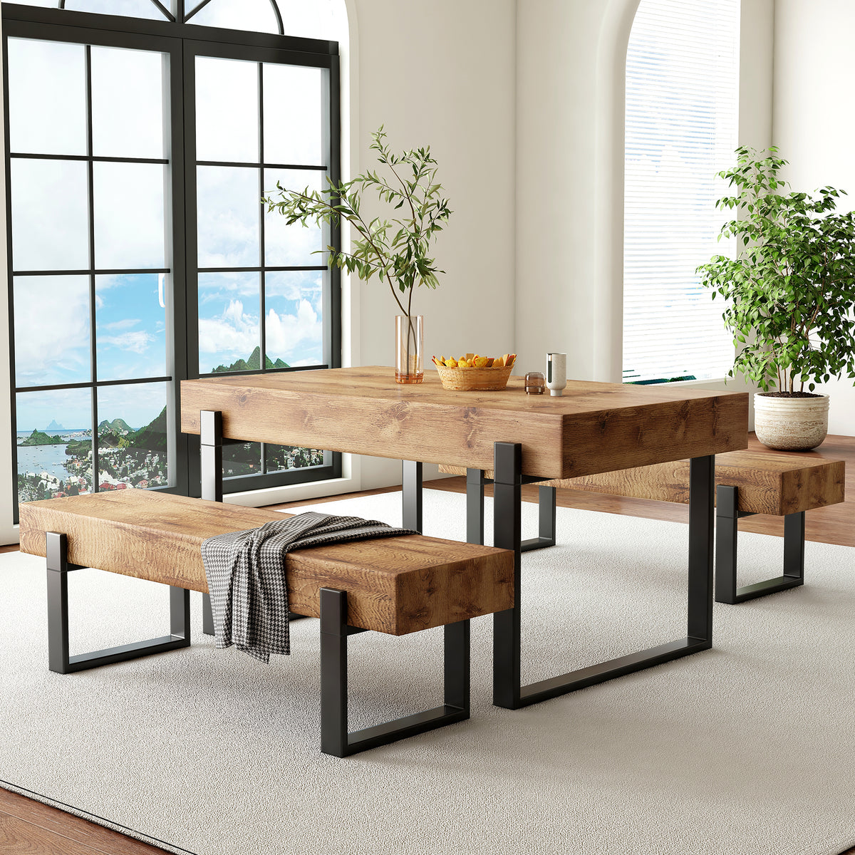 3-Piece Dining Table Set for 4 People, 59" Kitchen Table Set with 2 Bench, Dining Room Table with Heavy-Duty Frame, Easy Assembly - Natural Wood Wash