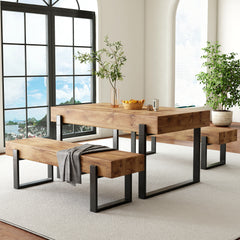 3-Piece Dining Table Set for 4 People, 59" Kitchen Table Set with 2 Bench, Dining Room Table with Heavy-Duty Frame, Easy Assembly - Natural Wood Wash