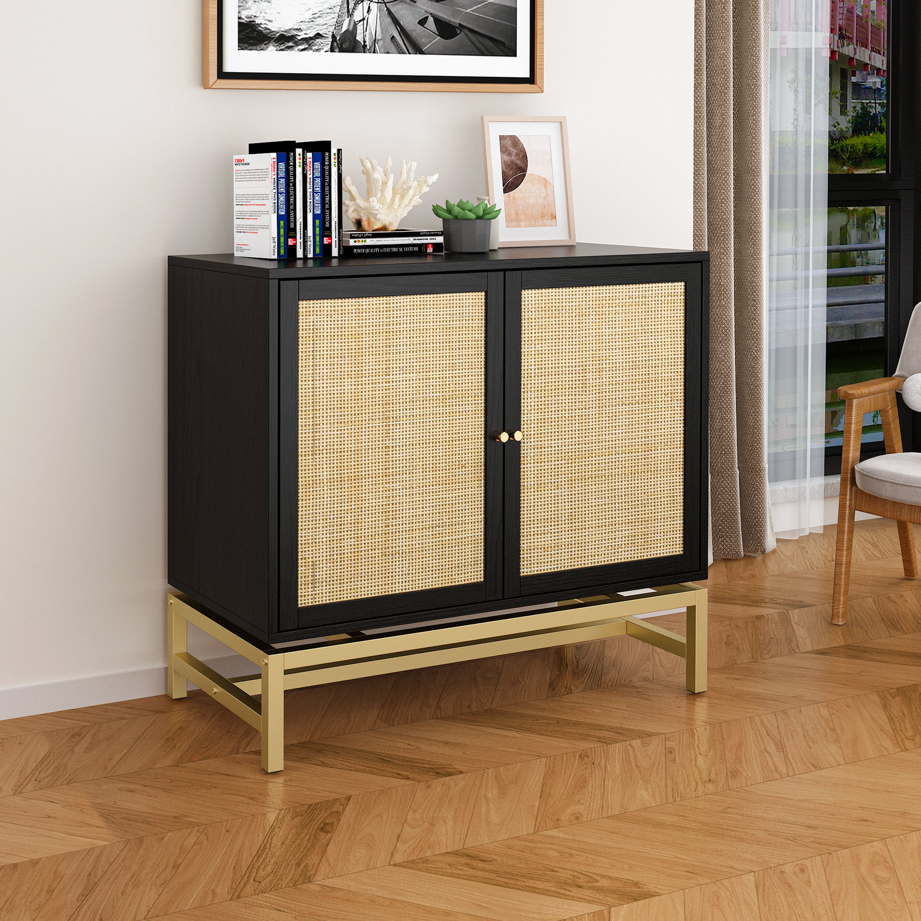 Natural Rattan 2 Door Cabinet - Black