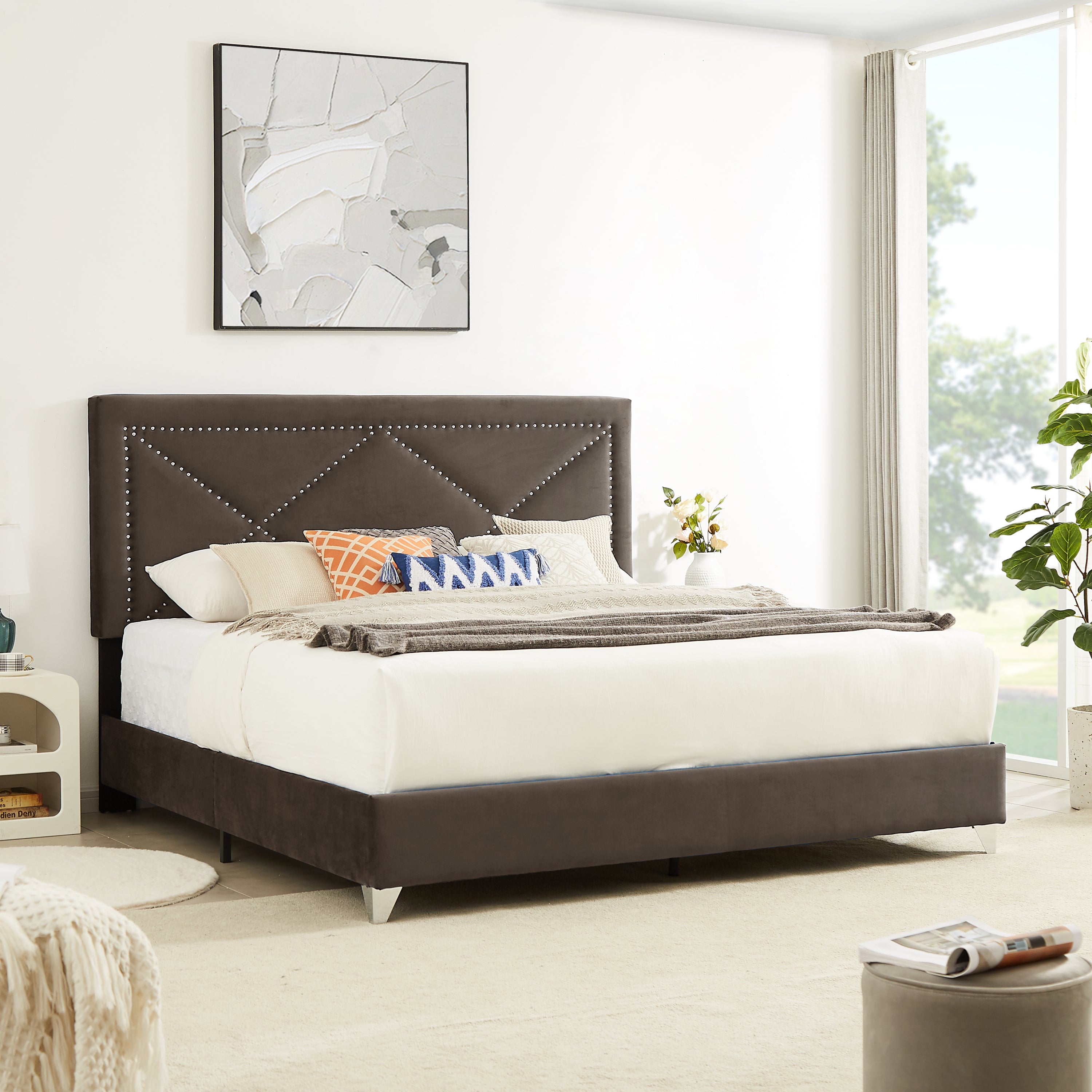 King Bed - Beautiful brass studs adorn the headboard, strong wooden slats + metal legs with Electroplate
