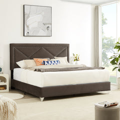King Bed - Beautiful brass studs adorn the headboard, strong wooden slats + metal legs with Electroplate