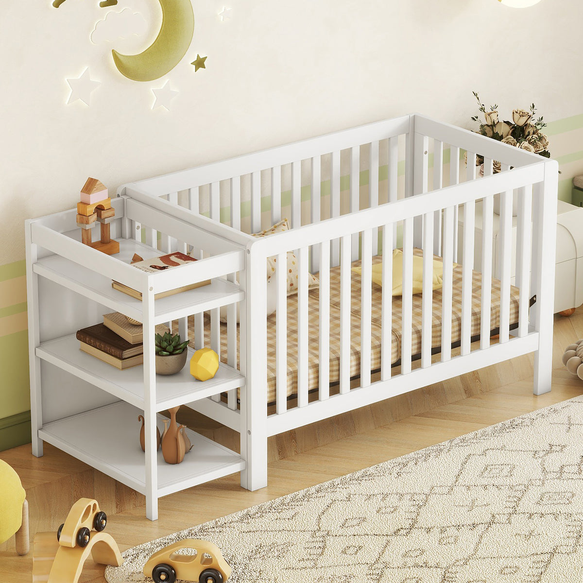 Convertible Crib/Full Size Bed with Changing Table - White