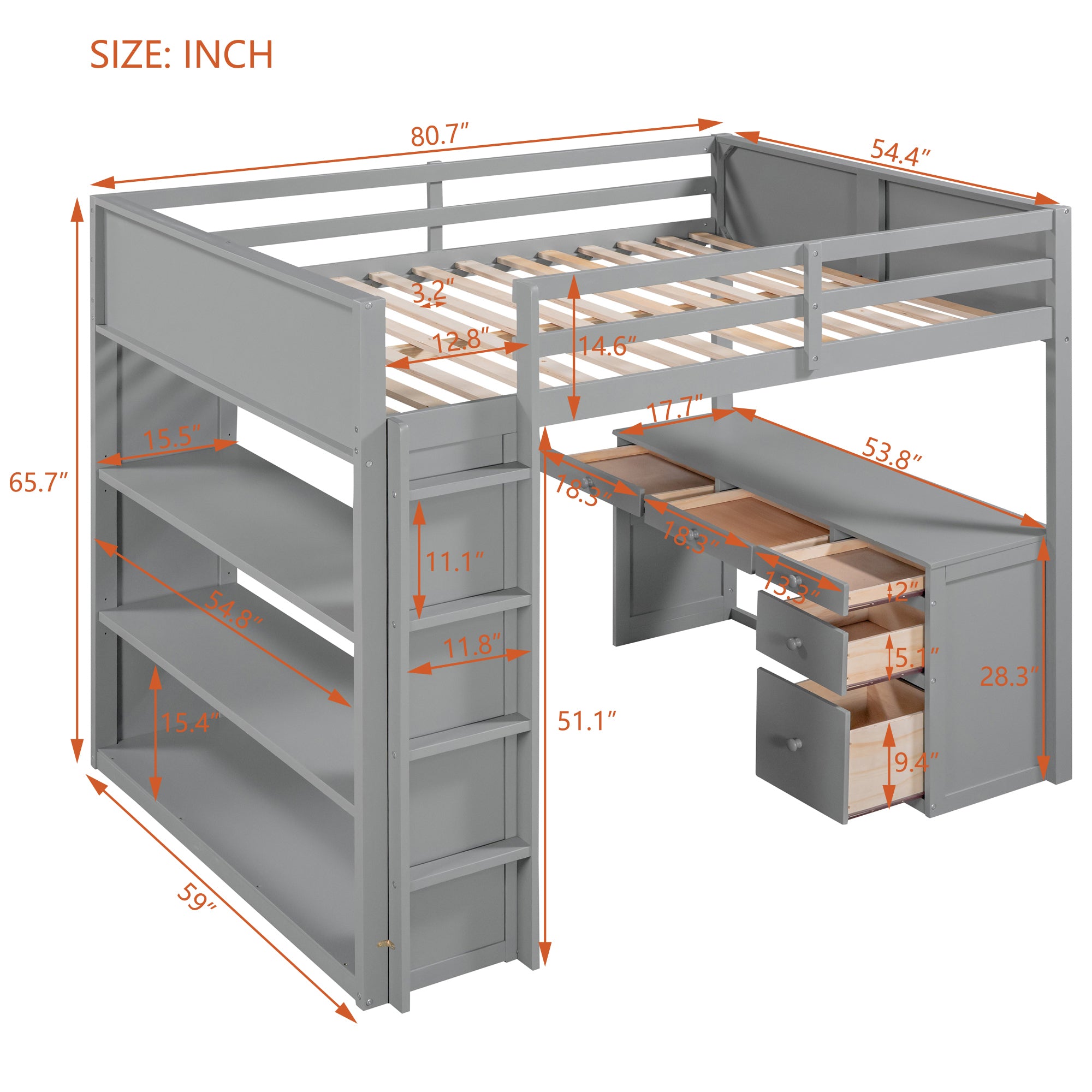 Full Size Loft Bed with Ladder, Shelves and Desk - Gray