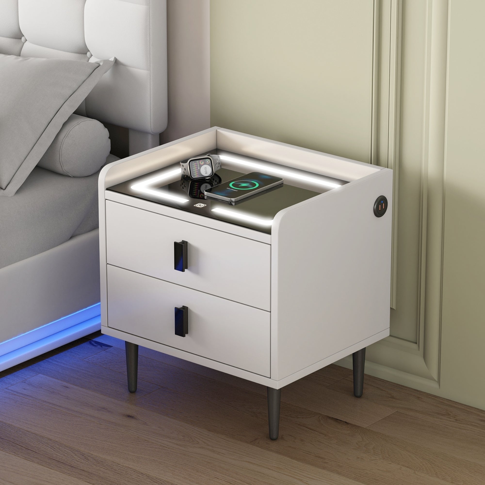 Nightstand with Wireless Charging Station,USB Charging and Adjustable LED Lights, Modern End Table with 2 Drawers - White