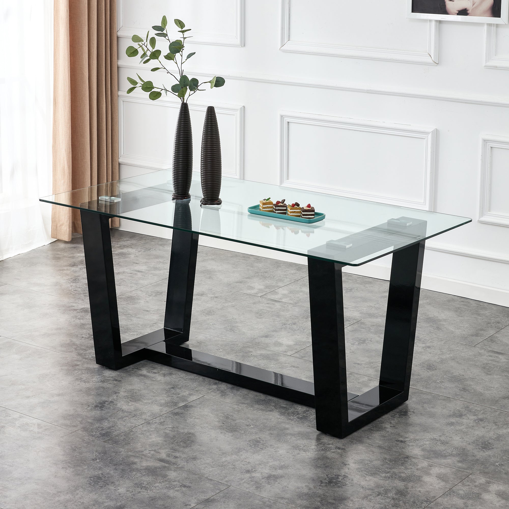 Glass Dining Table Large Modern Minimalist Rectangular for 6-8 - Black