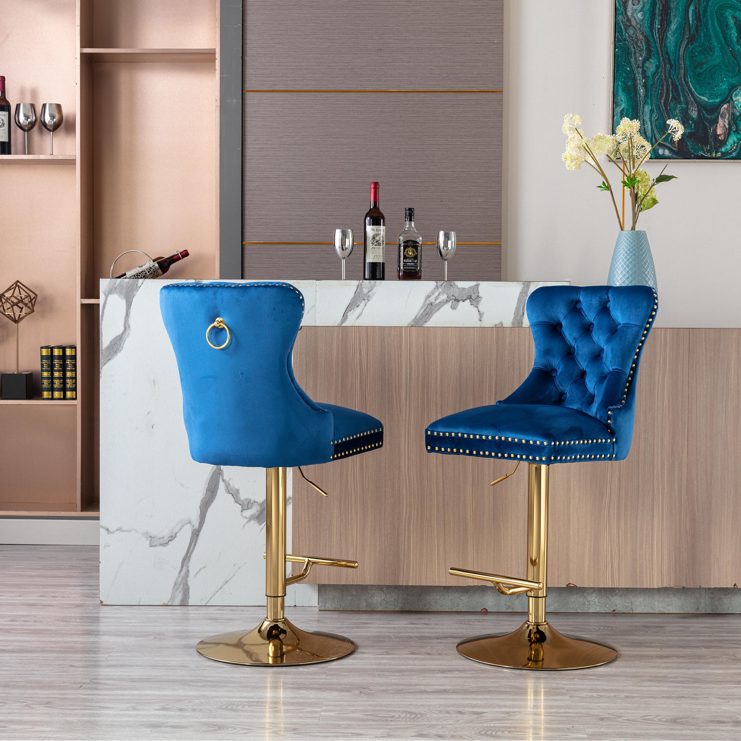 Modern Swivel Bar Stools Chair Adjustable (Set of 2) - Chrome Golden Base/ Blue