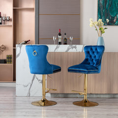 Modern Swivel Bar Stools Chair Adjustable (Set of 2) - Chrome Golden Base/ Blue