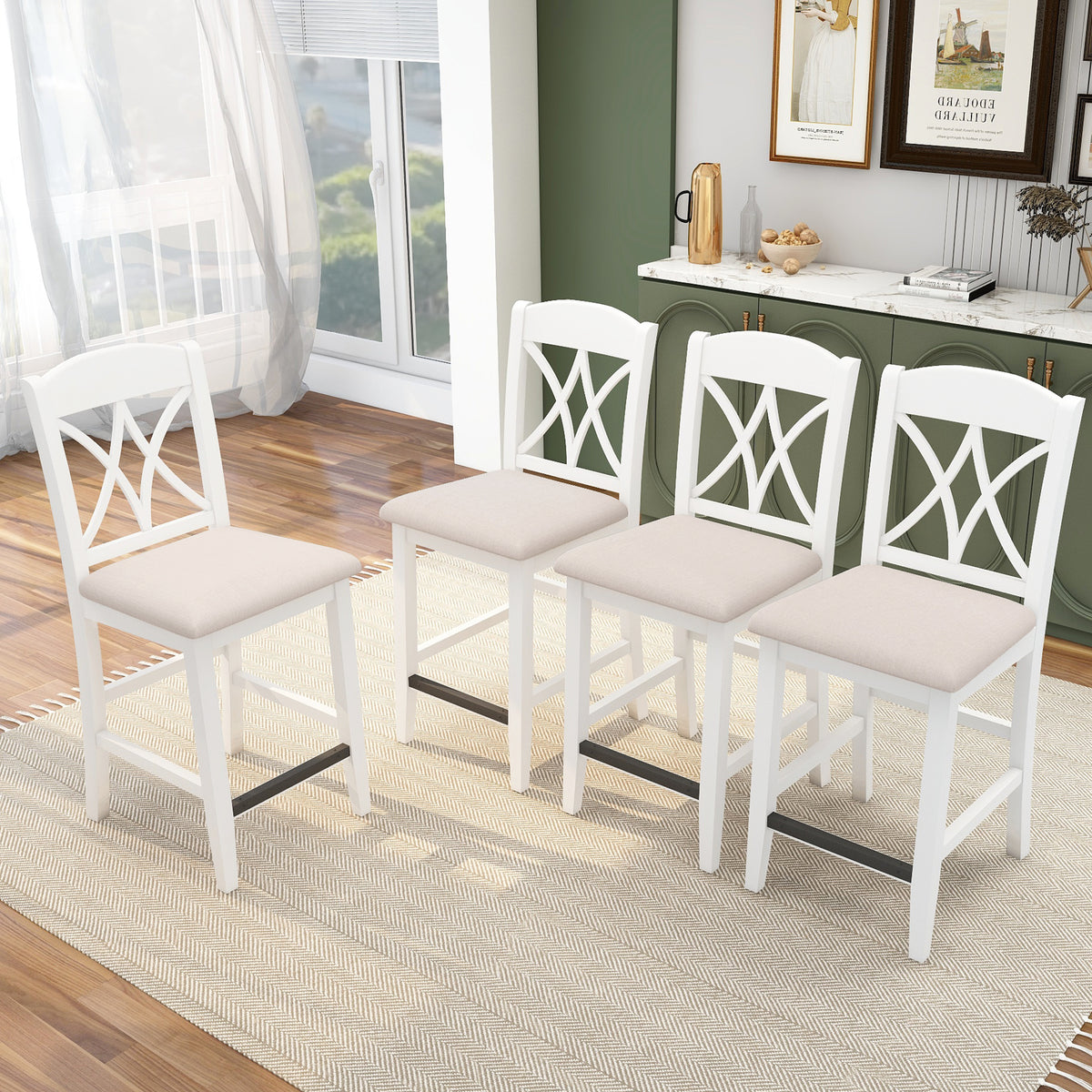 Counter Height Wood Upholstered Dining Chairs with Cross Backs (Set of 4) - White+Beige