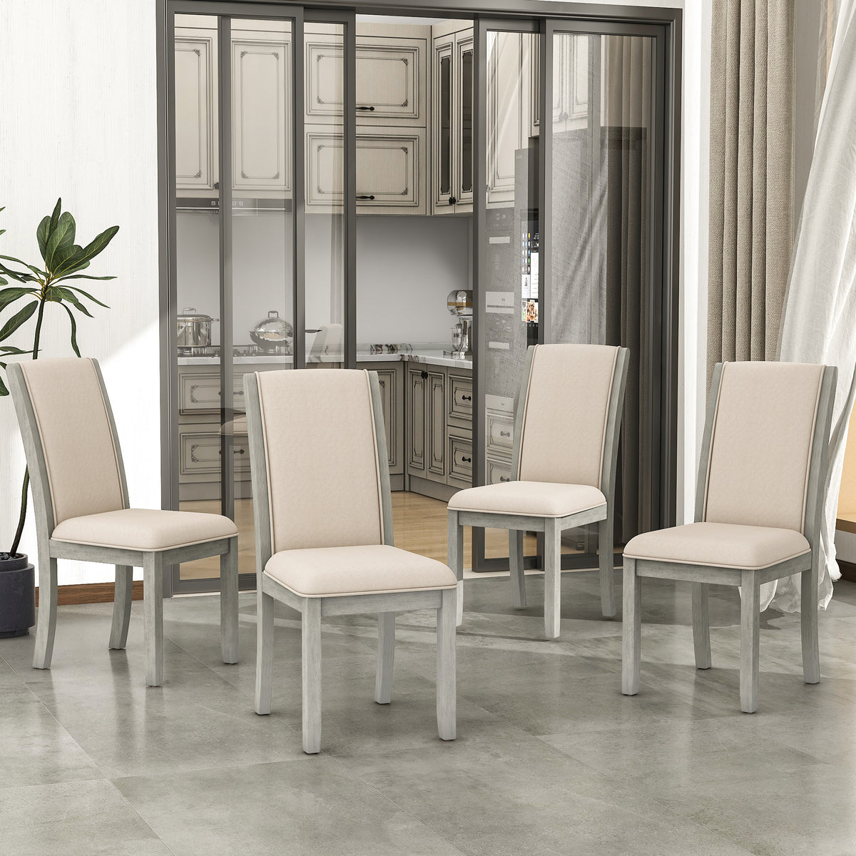 Farmhouse Wood Full Back Dining Chairs with Upholstered Cushions (Set of 4) - Grey