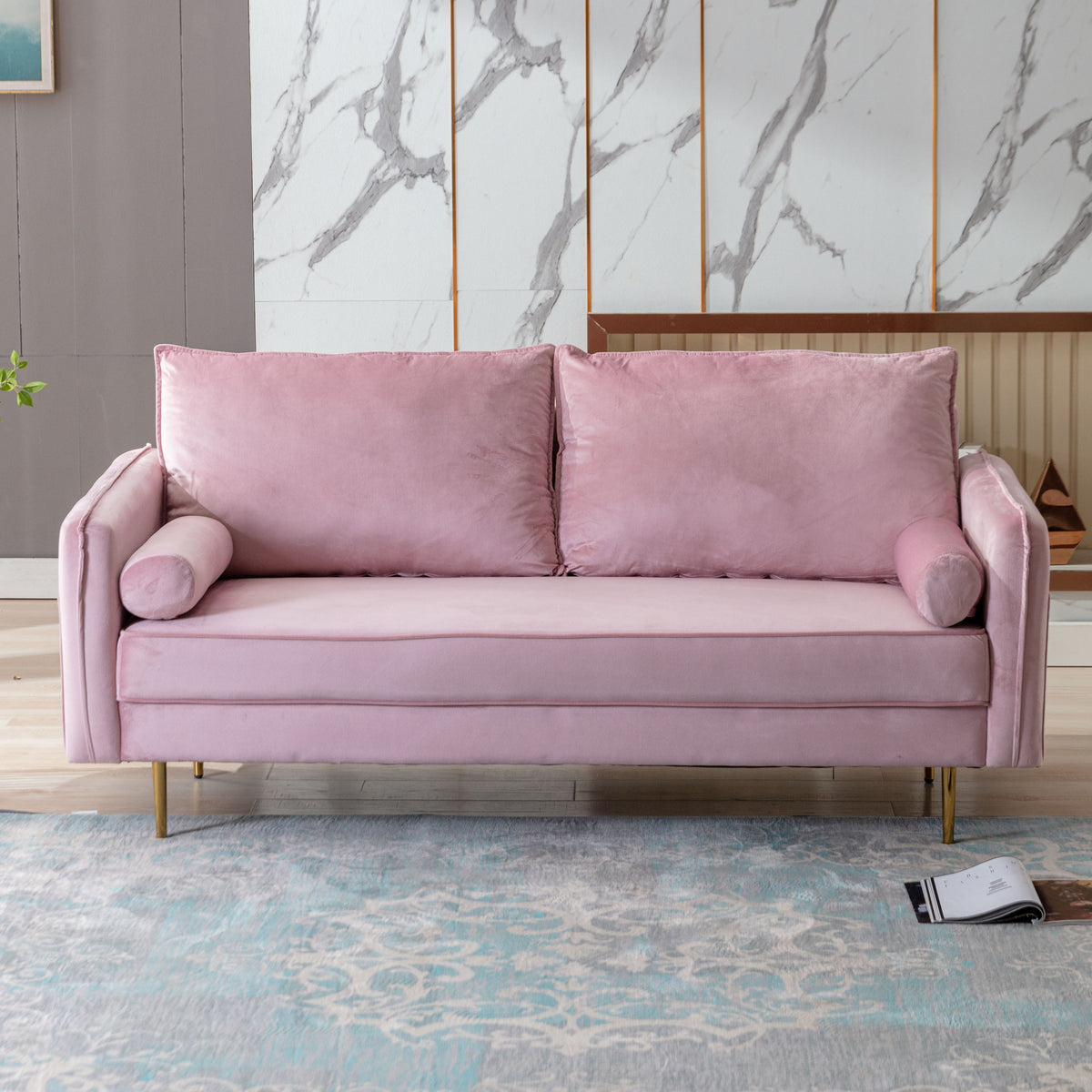 Modern Living Room Velvet Fabric Sofa Couch, Loveseat Sofa with Pocket - Pink