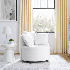 Teddy Fabric Swivel Accent Backchair Upholstered Luxury Lounge Chair with Movable Wheels, Including 3 Pillows - White