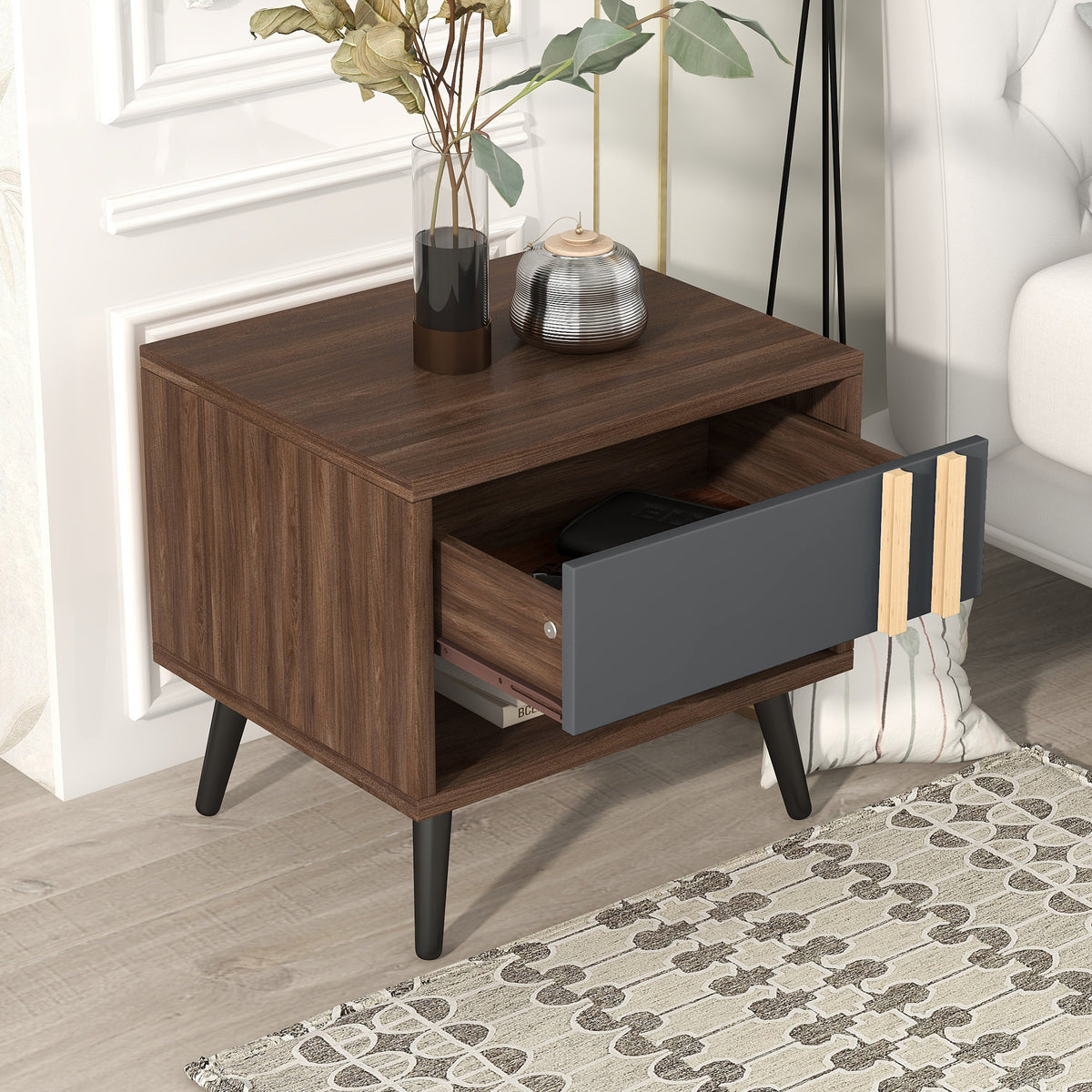 Wooden Nightstand  End Table for Bedroom - Gray+Walnut