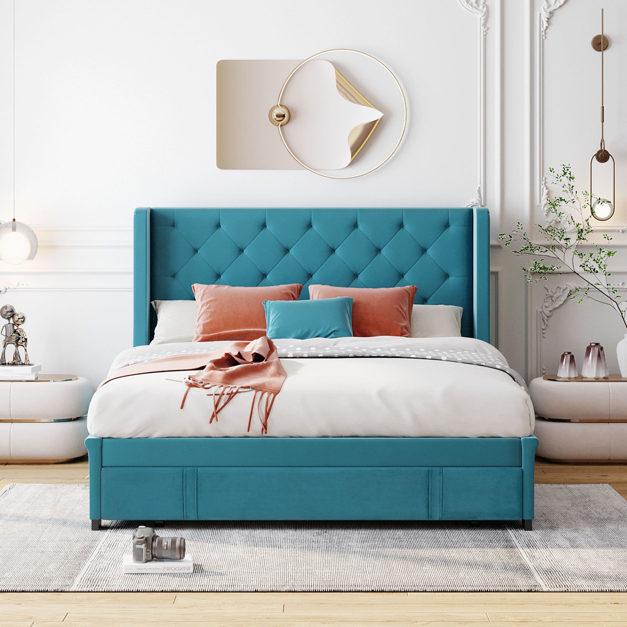 Queen Size Storage Bed Velvet Upholstered Platform Bed with Wingback Headboard and a Big Drawer - Blue